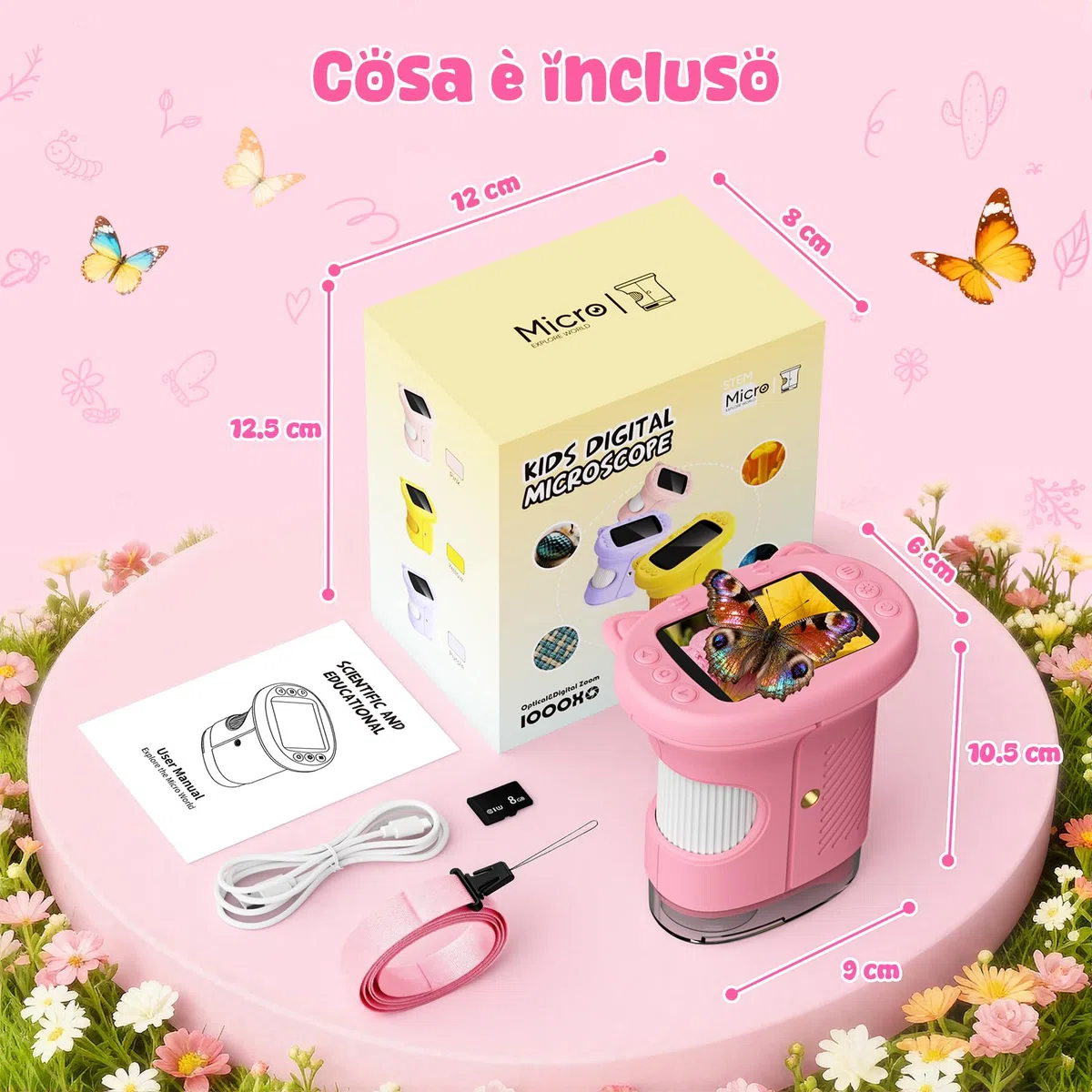 2 in 1 Microscopio Digitale e Telescopio per Bambini, 1000x Zoom, Schermo da 2,4 Pollici, Schermo HD da 2 MP, 8 Luci LED - Un Regalo Perfetto per Bambini Dai 6 ai 12 Anni