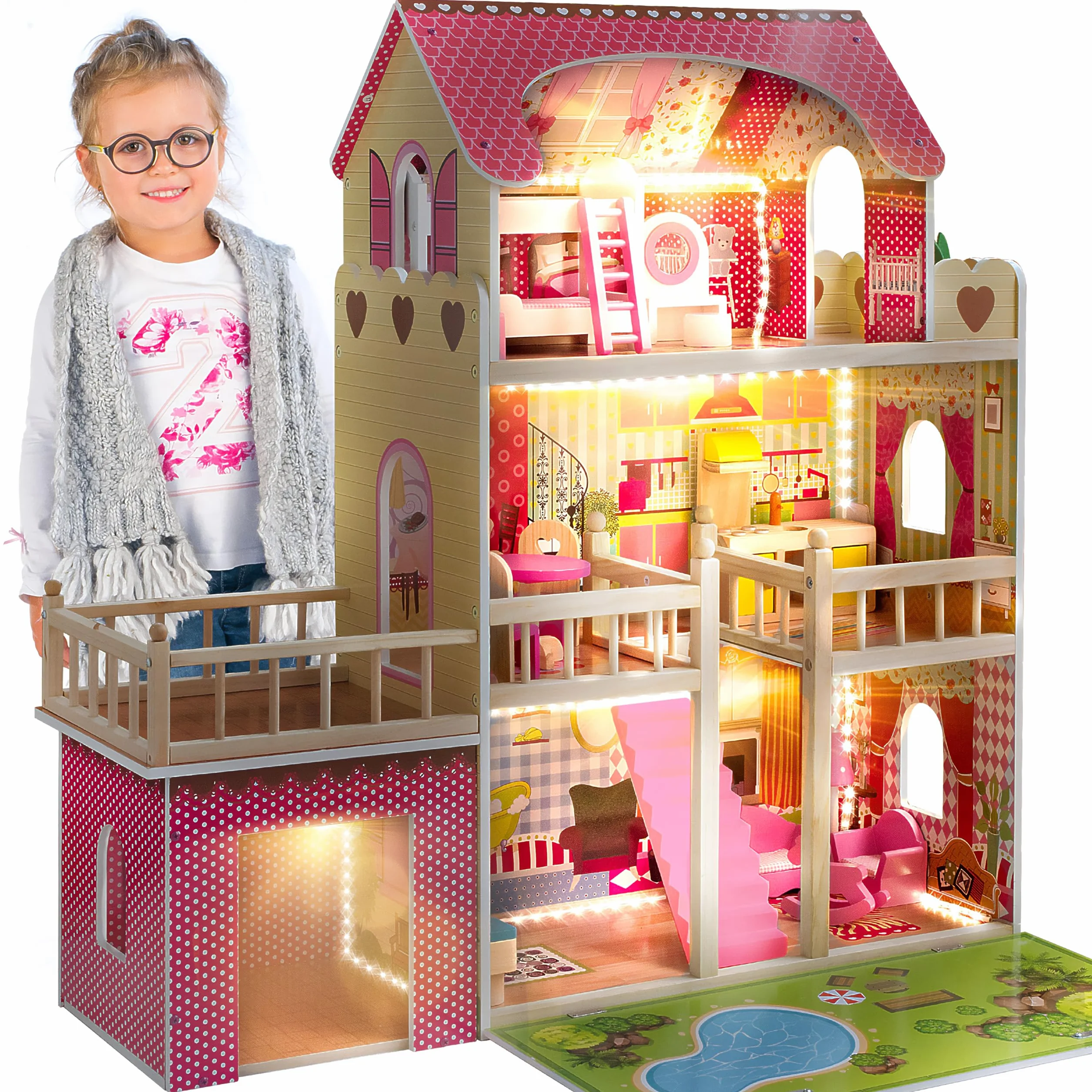 Kinderplay Green Series Casa delle Bambole in Legno – Villa a 3 Piani con LED, Giardino e Garage – Arredi Inclusi – 90x60x90 cm – Modello GS0020