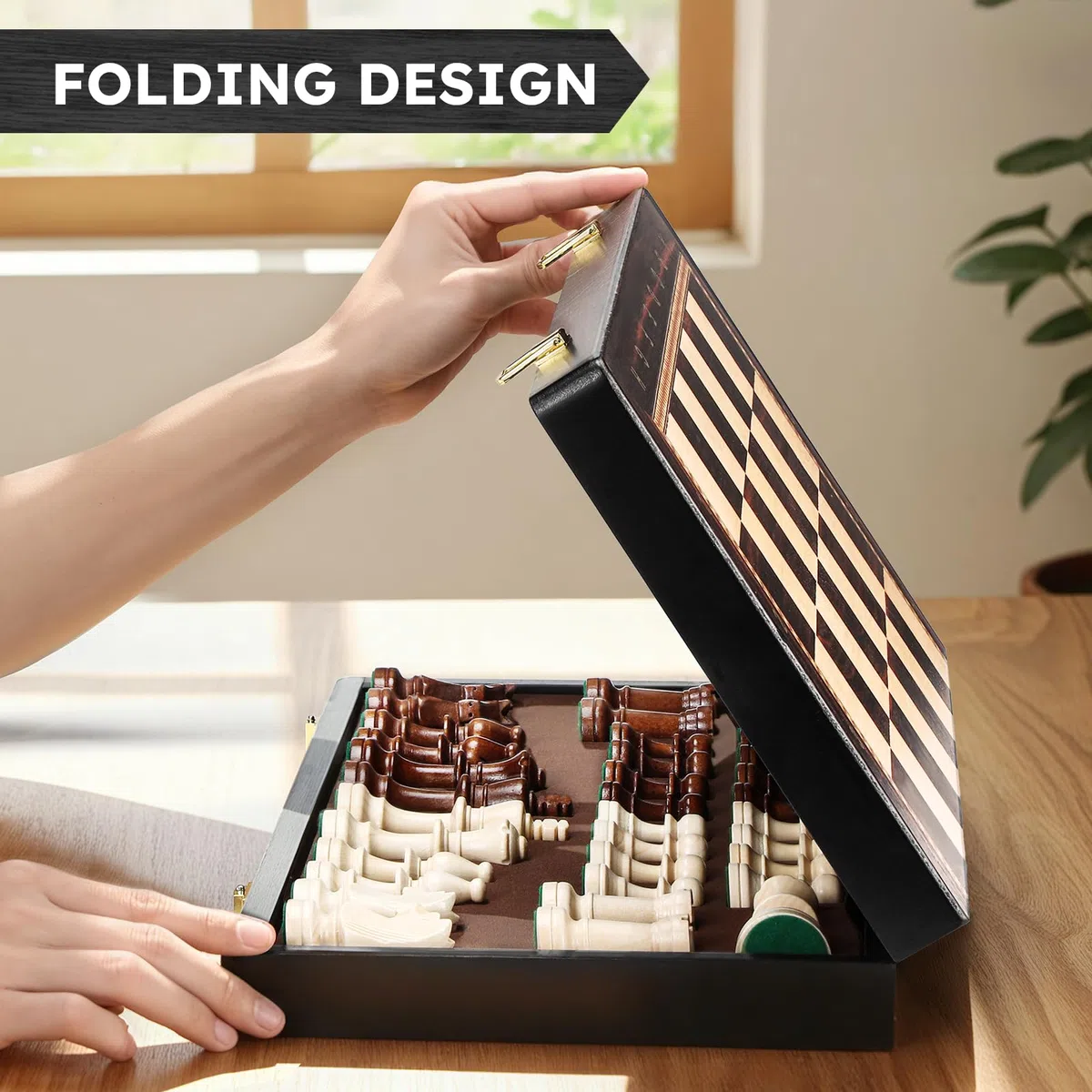 Peradix 48 x 48 CM Grande Gioco di Scacchi in Legno - Scacchiera Pieghevole in Legno di Alta Qualità con 34 Grandi e Pesanti Pezzi di Scacchi - Scacchi per Adulti e Bambini (48×48 cm, Nero)