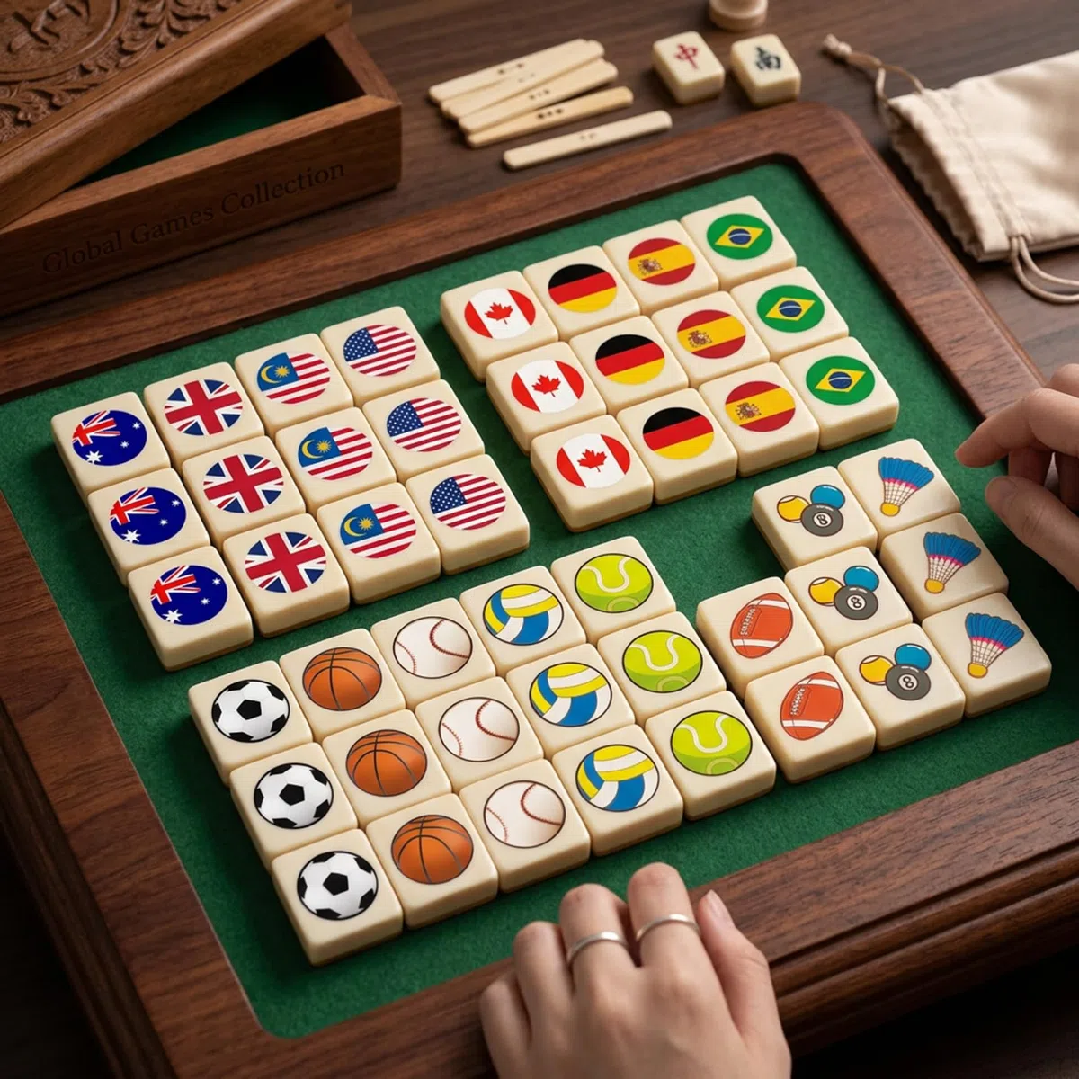 Set Mahjong per Bambini 48 Pezzi Blocchi Gioco con Bandiera Palla Piastrelle Giochi da Tavolo Spiaggia