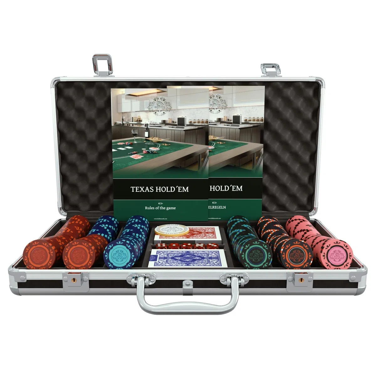Bullets Playing Cards - Valigetta da poker Corrado – Set da poker con 300 chip da poker Clay senza valori – con pulsante di dealer in ceramica, confezione doppia di carte da poker