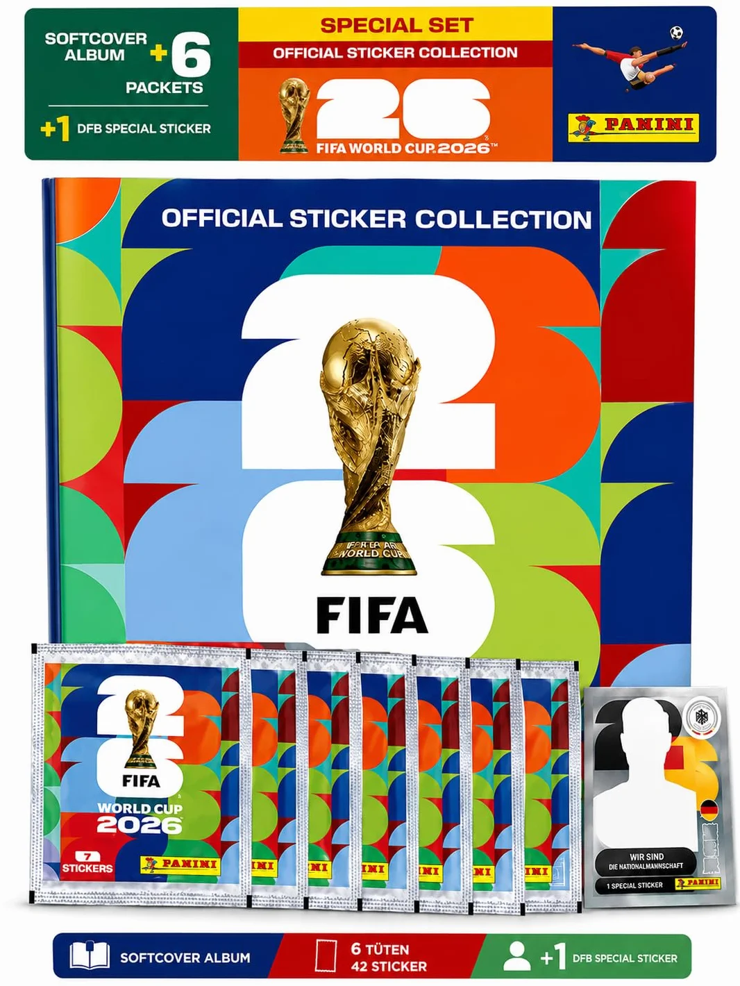Panini Album di Adesivi Originale 2026 Mondiali Set di Base XXL Starter Set XL Copertina Morbida 6 Sacchetti Adesivi Germania