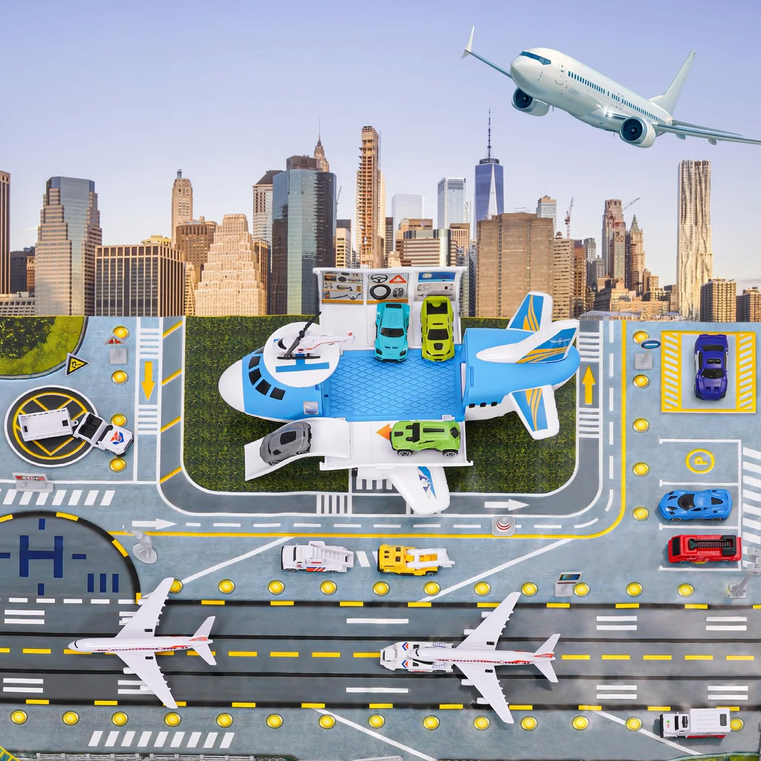 Set Giocattoli Trasporto Aereo Auto 15 Mezzi con Segnaletica Stradale Tappetini da Gioco Regalo Bambini 3+