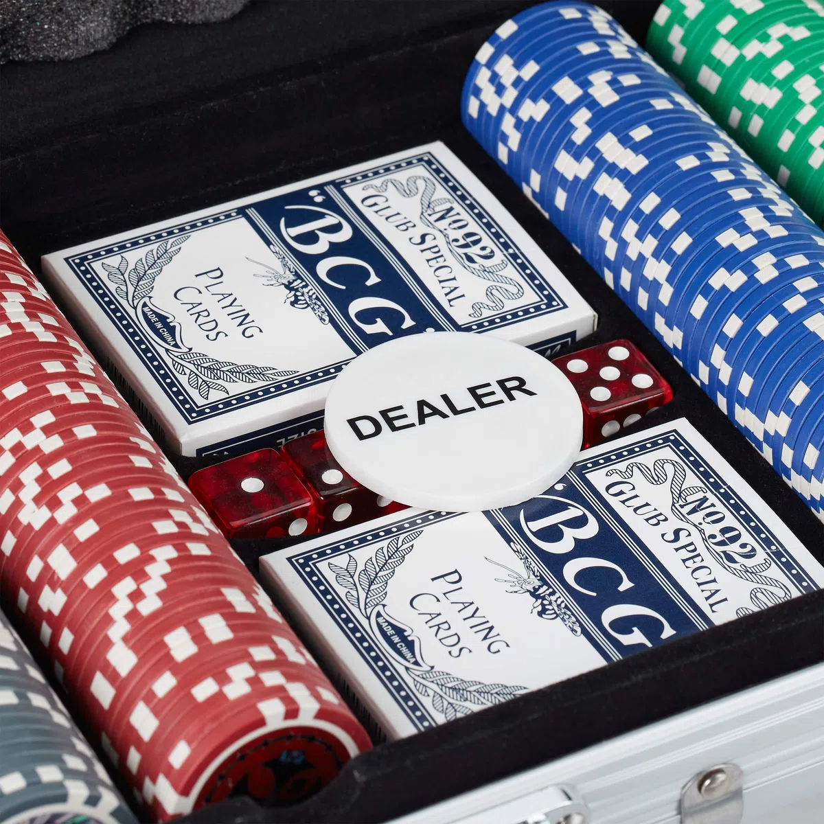 Relaxdays Valigetta Poker, 300 Chips Laser, 2 Mazzi di Carte, 5 Dadi, Dealer, Richiudibile & Portatile,Alluminio,Argento