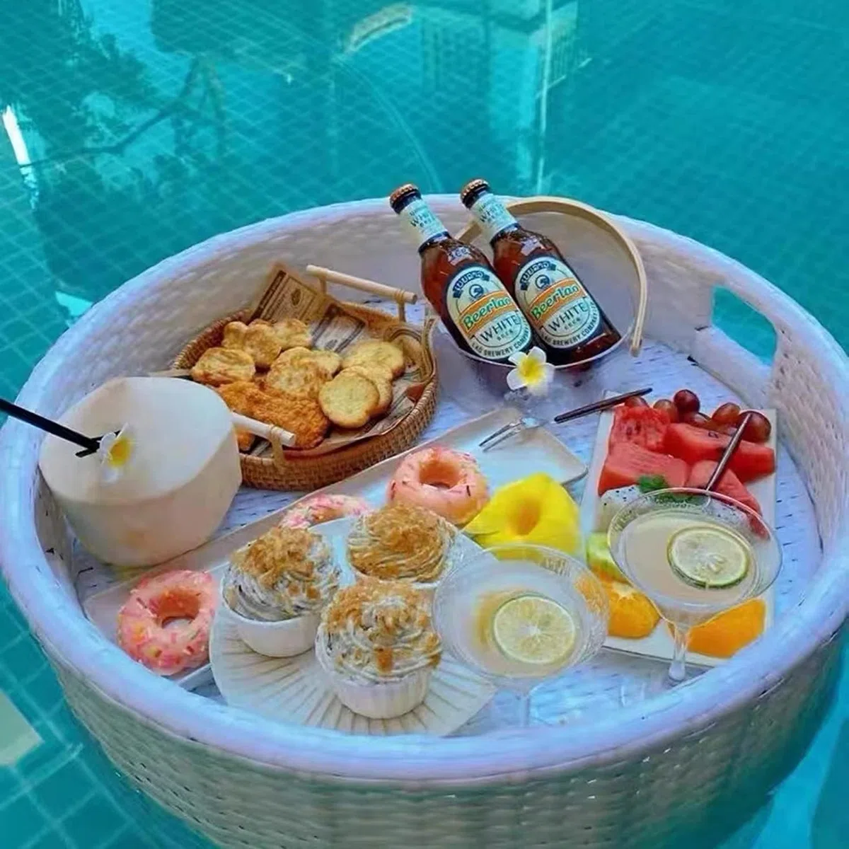 Vassoio galleggiante per piscina, tavolo rotondo da bar galleggiante per servire bevande e cibo, ideale per spa, spiagge e feste