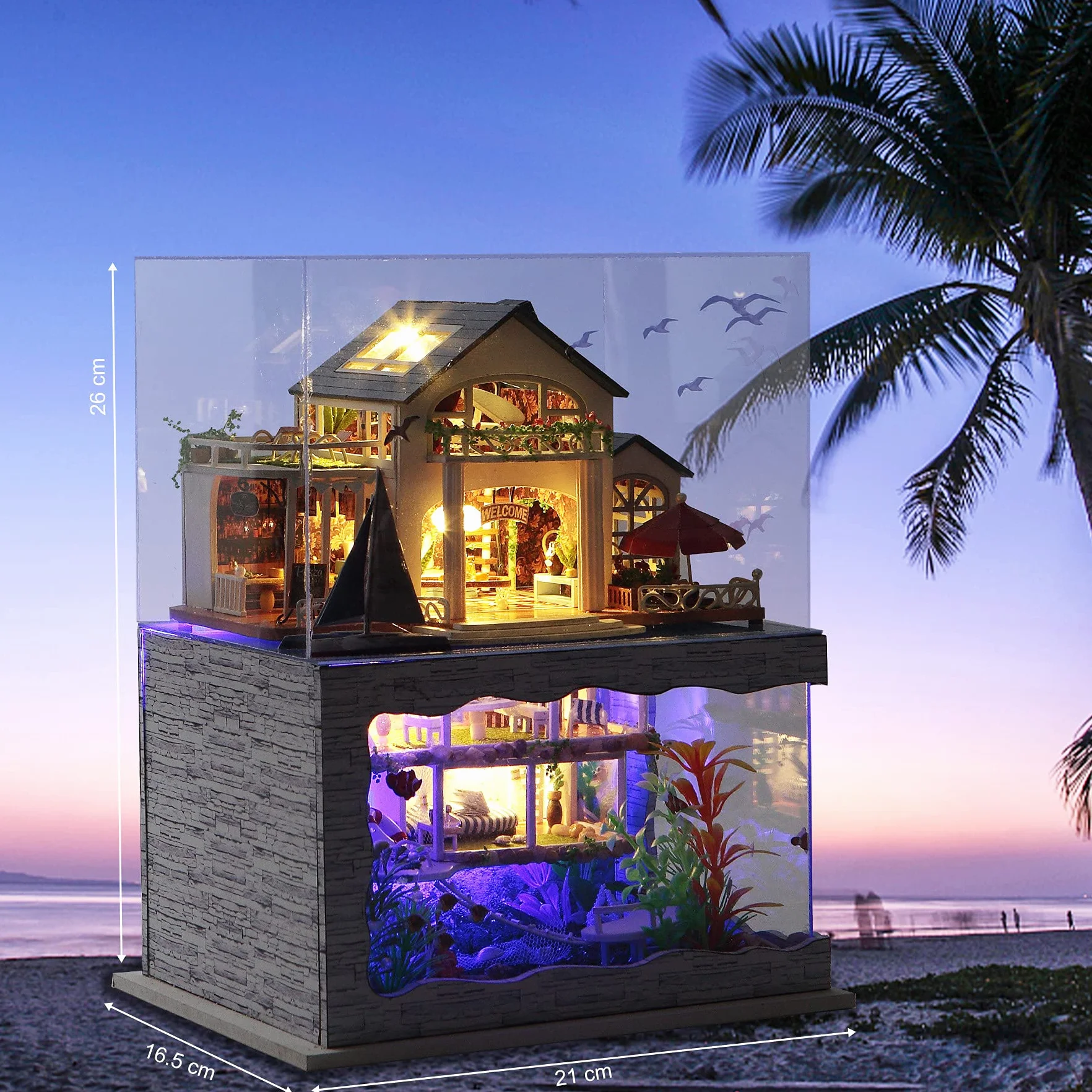 Cuteefun Kit Casa in Miniatura da Costruire, Miniature Casa delle Bambole Fai da Te con Mobili Copertura e Strumenti, Regali Creativi Artigianali (Hawaii Villa)