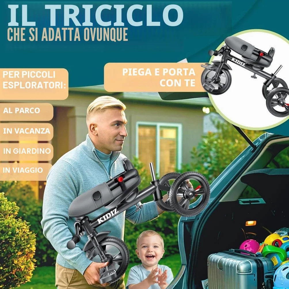 KIDIZ Triciclo 6 in 1 Dirigibile da 9 mesi Joggant anteriore e posteriore Peso massimo 25 kg Barra di spinta Cestino parasole Ruote in gomma