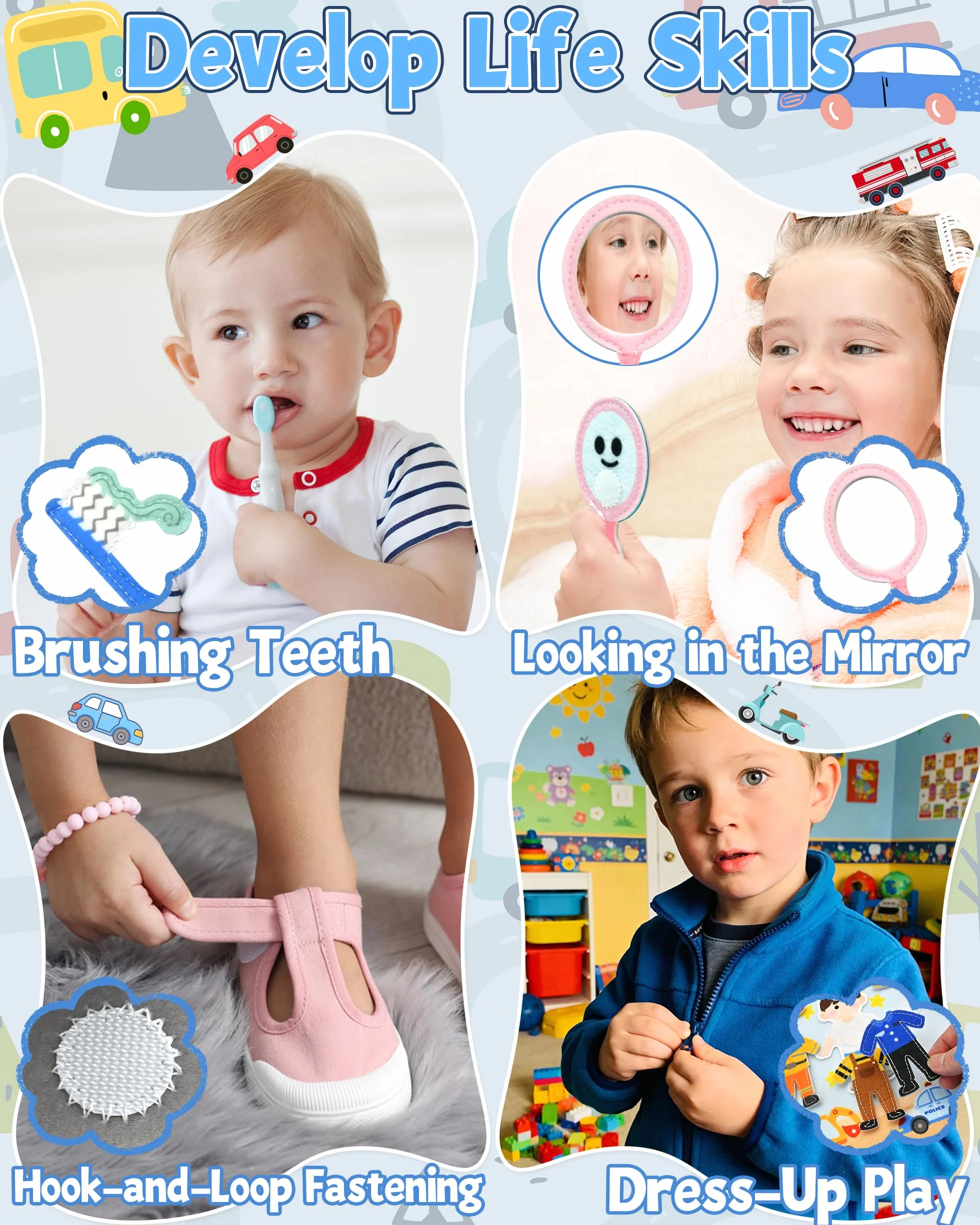 Libro Montessori Interattivo 1 Anno – Busy Board Sensoriale Educativo con Tema di Trasporto, 10 Pagine di Attività, Giochi Montessori per Bambini 1-3 Anni, Regalo Didattico e Creativo