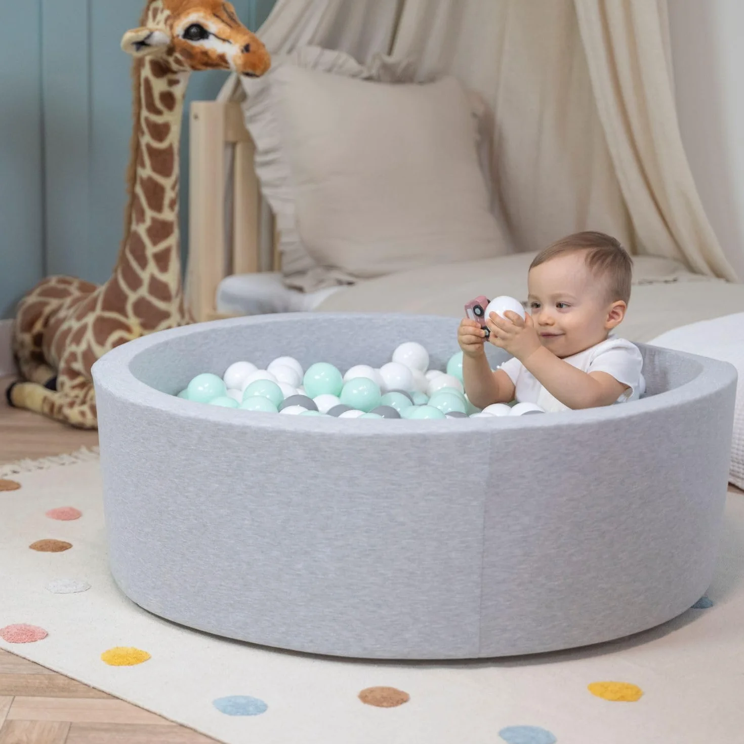 SELONIS Piscina Soffice per Bambini 90X30cm/200 Palline Rotonda, Grigio Ch:Bianco/Rosa