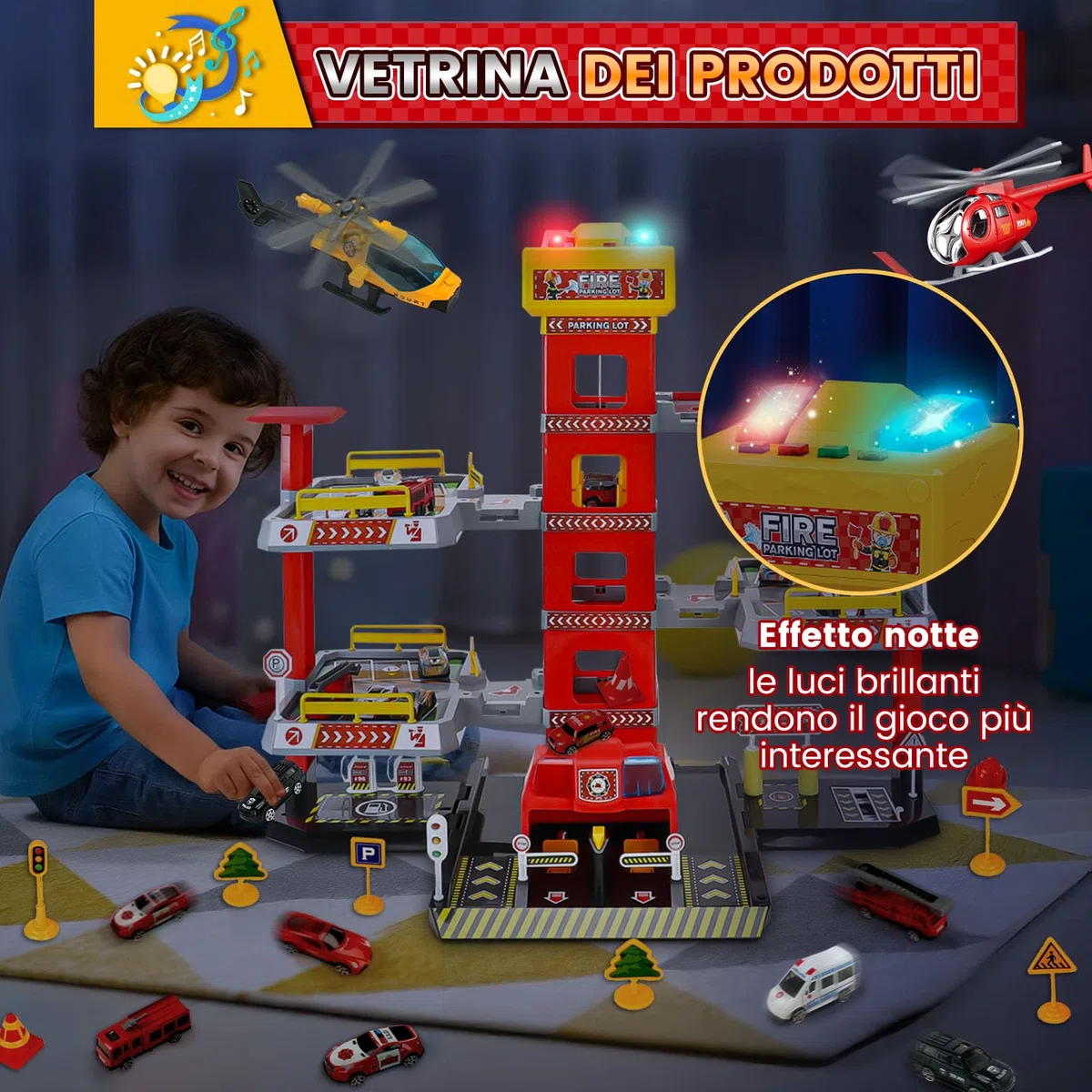BuzzoXerex 5 Piani Garage Mmacchine per Bambini, Parcheggio Macchinine con 14 Autos e 2 Elicottero, Giocattolo Auto Garage con Ascensore e Rampe, Idea Regalo per Bambini 5 6 7 8 9 Anni (Rosso)