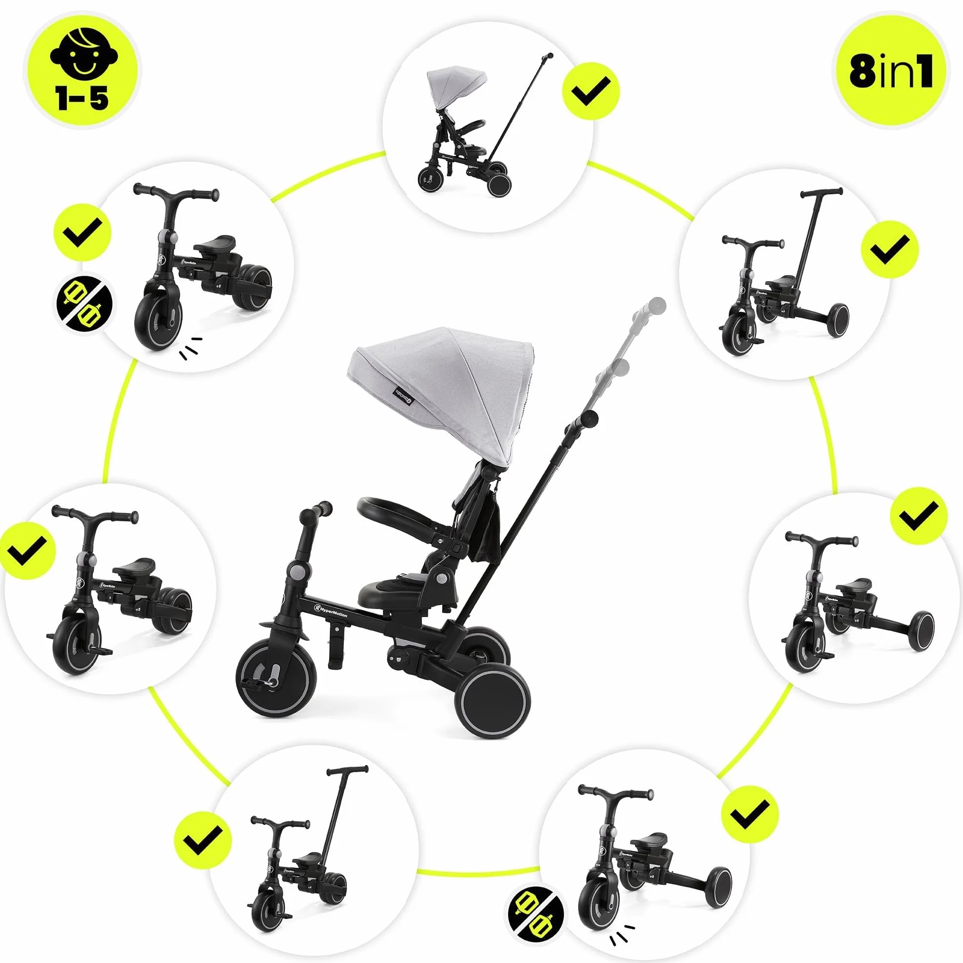 HyperMotion Triciclo Evolutivo 8 in 1 – Triciclo Passeggino Reclinabile e Pieghevole con Seduta Girevole 360° – con Cappottina, Maniglione e Cintura – per Bambini 1-5 Anni