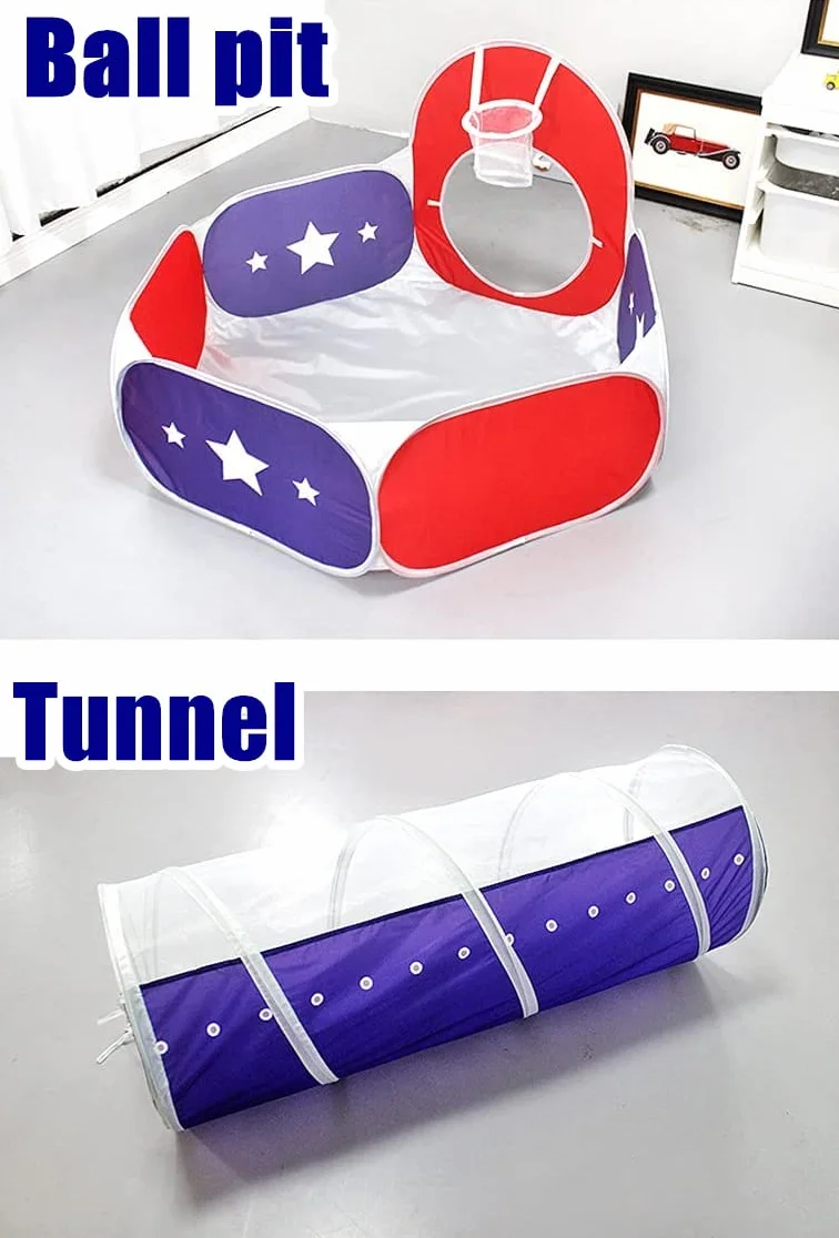 3 in 1 Bambini Tenda Gioco Tunnel Palla Buca Playhouse con Canestro da Basket Blu Scuro