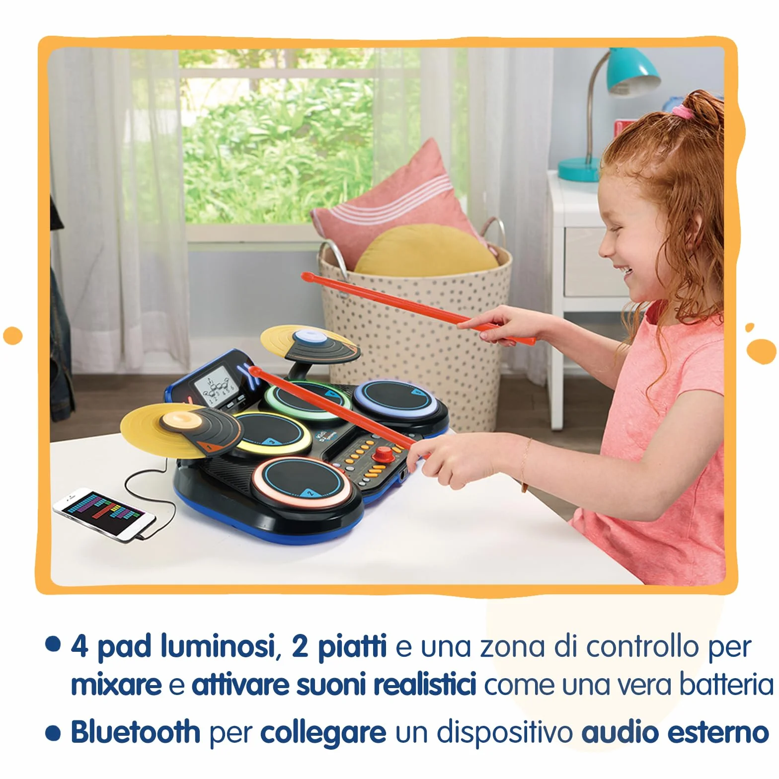 VTech Kidi DJ Drums, Batteria Elettronica per Bambini con Pad Luminosi, Giochi Musicali, Modalità Bluetooth e Microfono Integrato, Bacchette Incluse, Lingua Italiana, Batterie Incluse, 6+ Anni