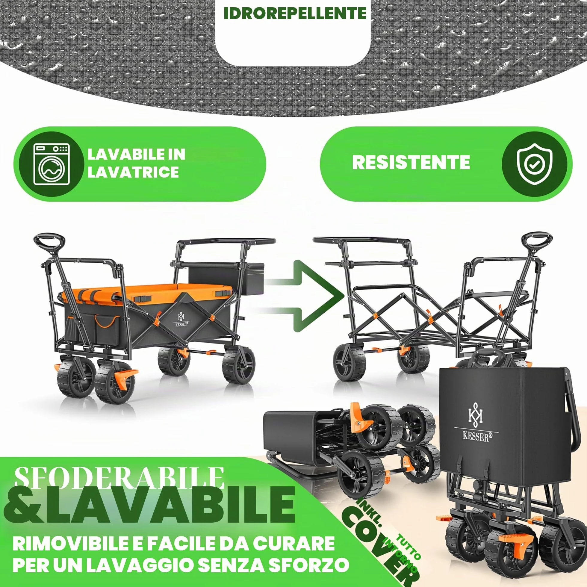 KESSER® Carrello pieghevole GT9000 con tetto | Carrello di trasporto max. portata 150 kg con ruote in gomma dura e freni anteriore/posteriore | Include serratura, copertura