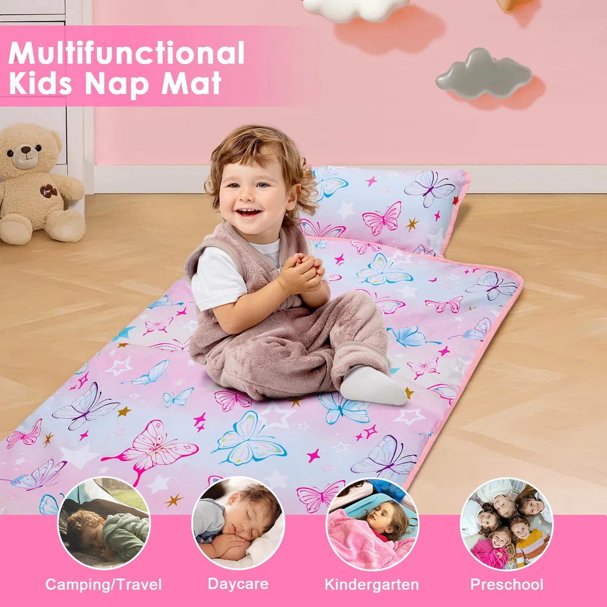 Decalsweet Nap Mat per Bambini con Cuscino e Coperta Rimovibili, Grande Extra Spesso 2 in 1 Sacco a Pelo Pieghevole per Ragazze Ragazzi, Leggero e Morbido Nap Mats per Asilo Nido e Campeggio