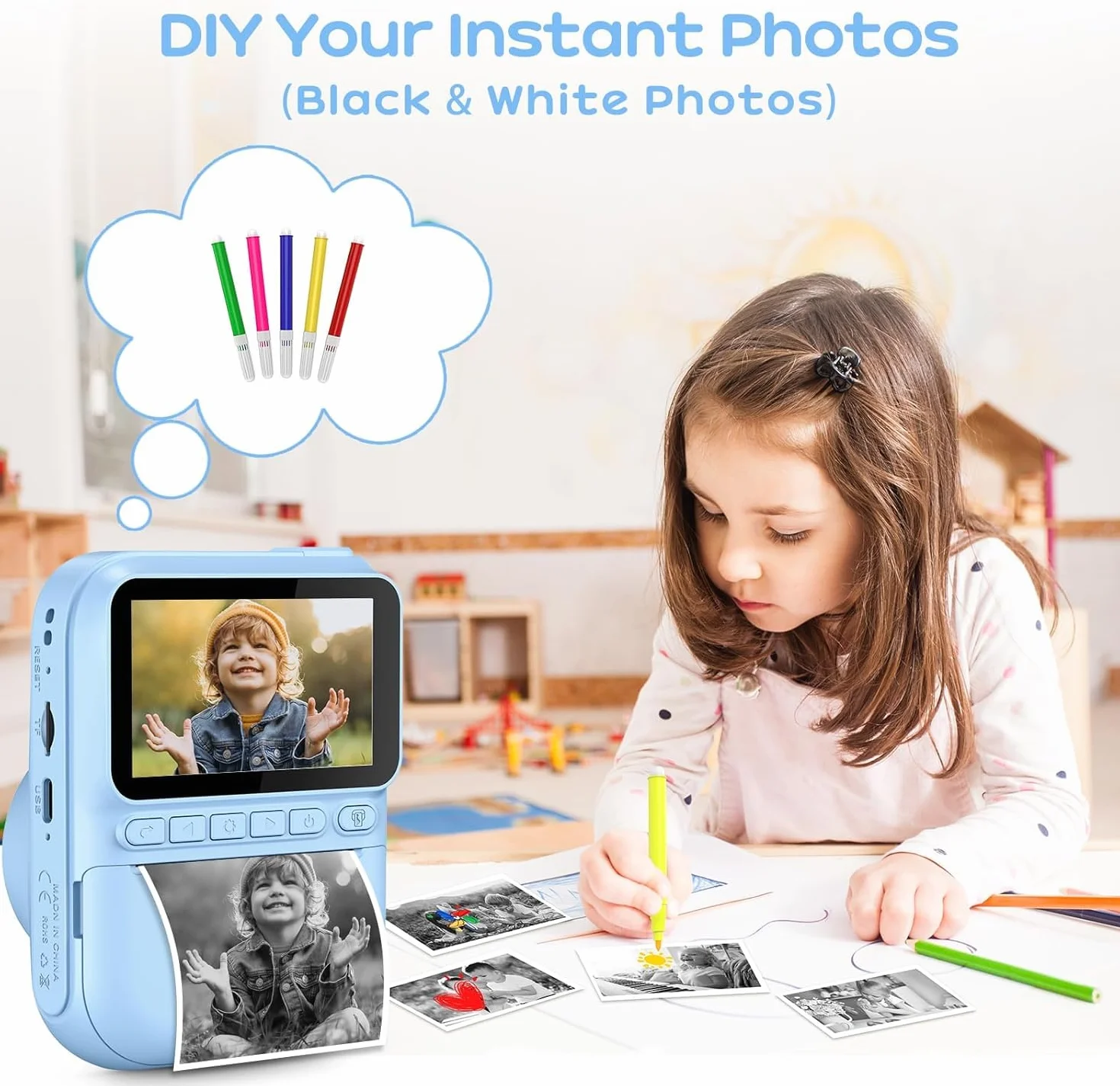 Fotocamera per Bambini, Stampa Istantanea con Schermo HD 3 Pollici, Fotocamera Istantanea per Bambini, Regalo Natale Compleanno Ragazze Ragazzi 3-10 Anni