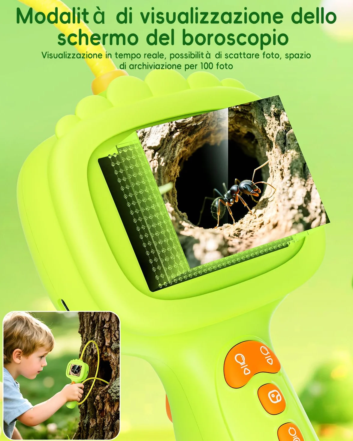Endoscopio per bambini, Camera bambini 1080P, Gioco STEM per esplorazione all'aperto, giardino, campeggio e natura, Migliori regali di compleanno per ragazzi e ragazze di 4, 5, 6, 7, 8, 9, 10 anni