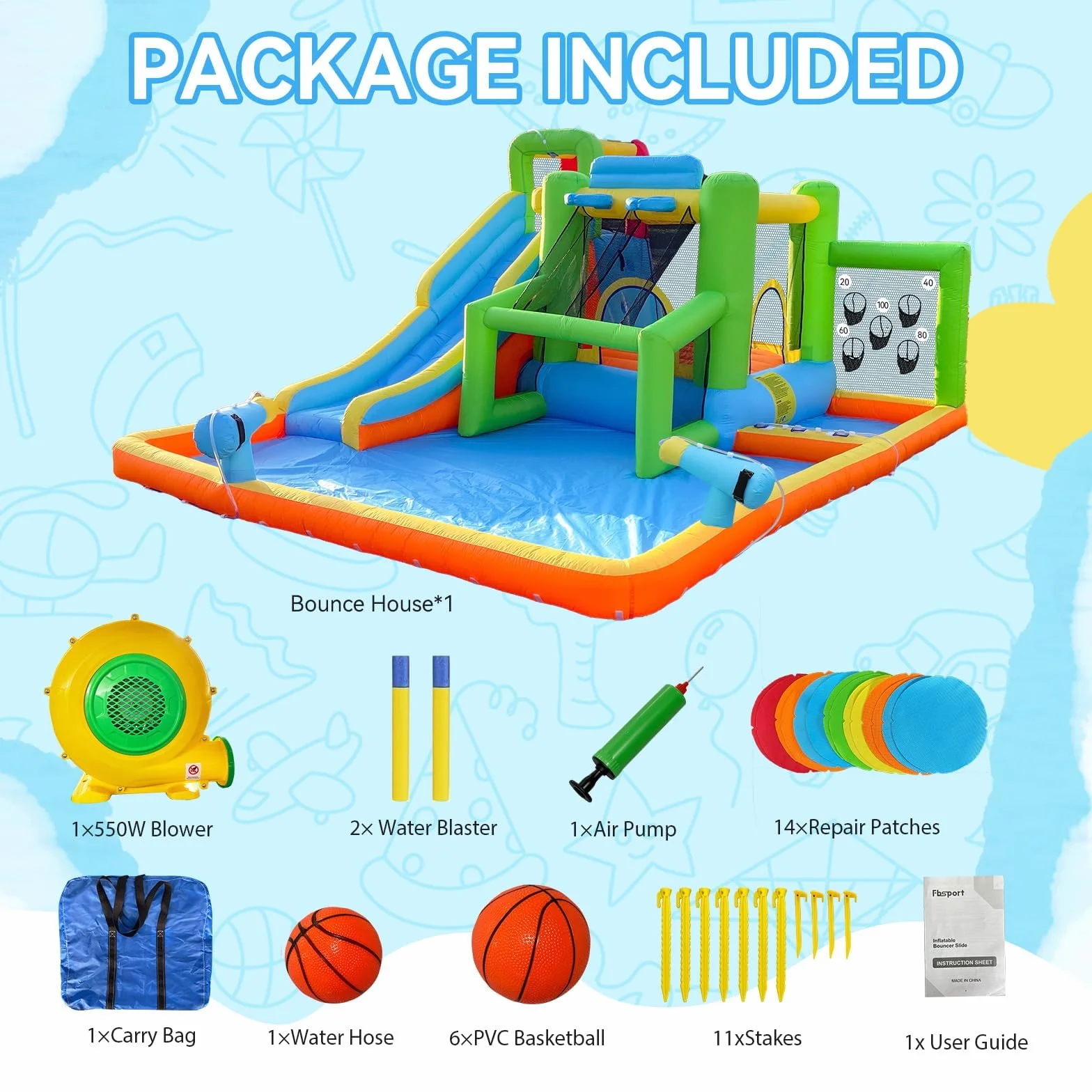 Castello Gonfiabile per Bambini, Parco Acquatico a Secco/Scivolo per Interno Outdoor, Castello Gonfiabile Gigante con Piscina Parete Arrampicata Trampolino, Fino a 4 bambini/140KG, 425 x 355 x 215 cm