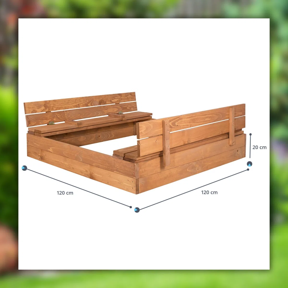 Springos Sabbiera in legno 120 x 120 cm, impregnazione ecologica a base d'acqua, bordi arrotondati, inclusi geotessile e telone, tavole stabili da 18 – 20 mm, montaggio fai da te, prodotta in Polonia