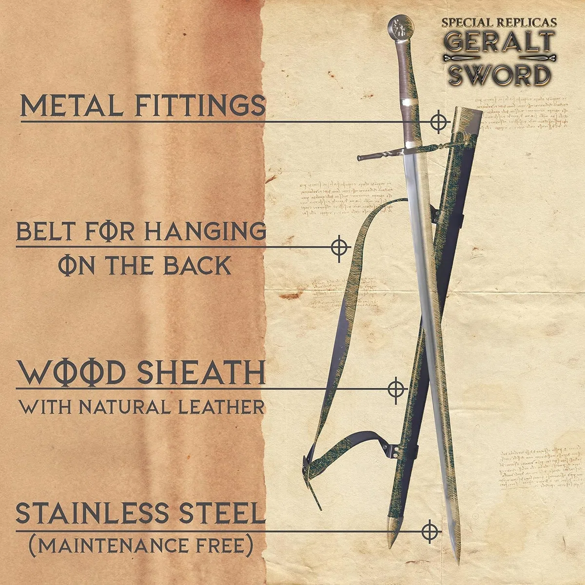 57 SPECIAL REPLICAS Replica di spada decorativa – Pada Geralt 126 cm con fodero – Lama in acciaio inox – Impugnatura in legno e cuoio – The Wither – Spada da collezione o esposizione – ZS637