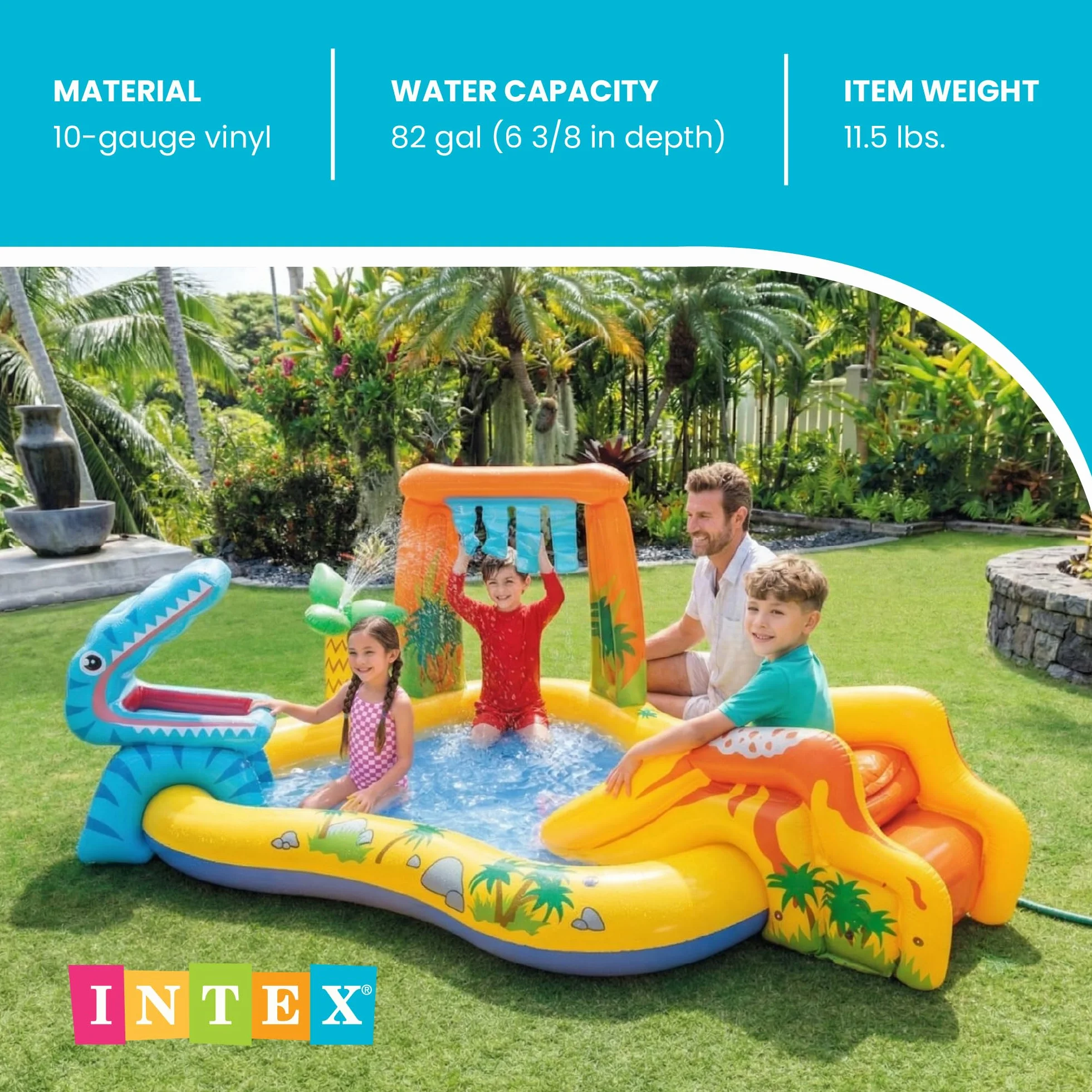 Intex 57444NP - Piscina Gonfiabile Playground Dinosauri, Vinile, Multicolore, 249x191x109 cm