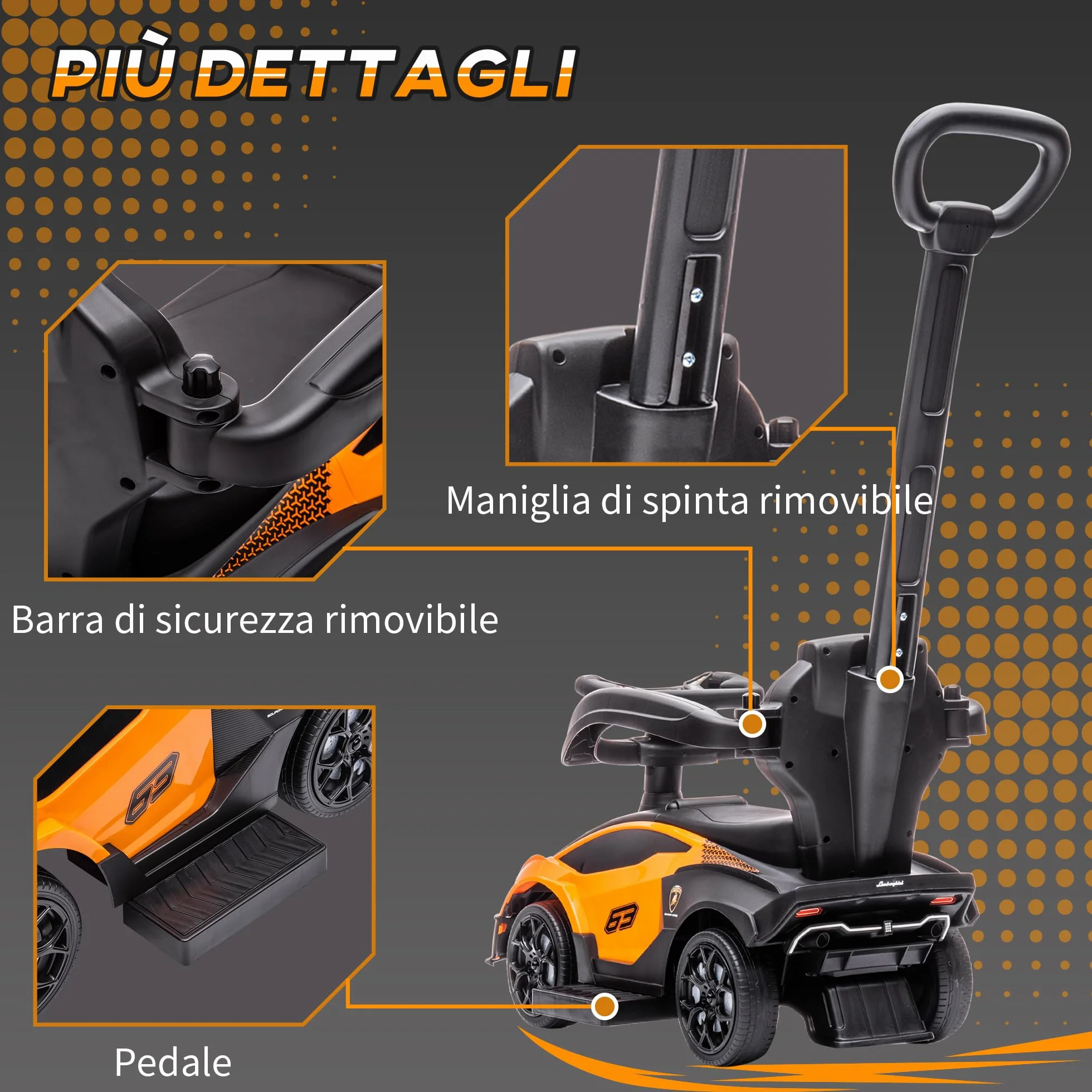 AIYAPLAY Lamborghini Macchinina per Bambini 2 in 1 con Maniglione e Barriera di Sicurezza, Volante e Clacson, Auto per Bambini in PP e Metallo, 86.5x40x89.5 cm, Arancione e Nero