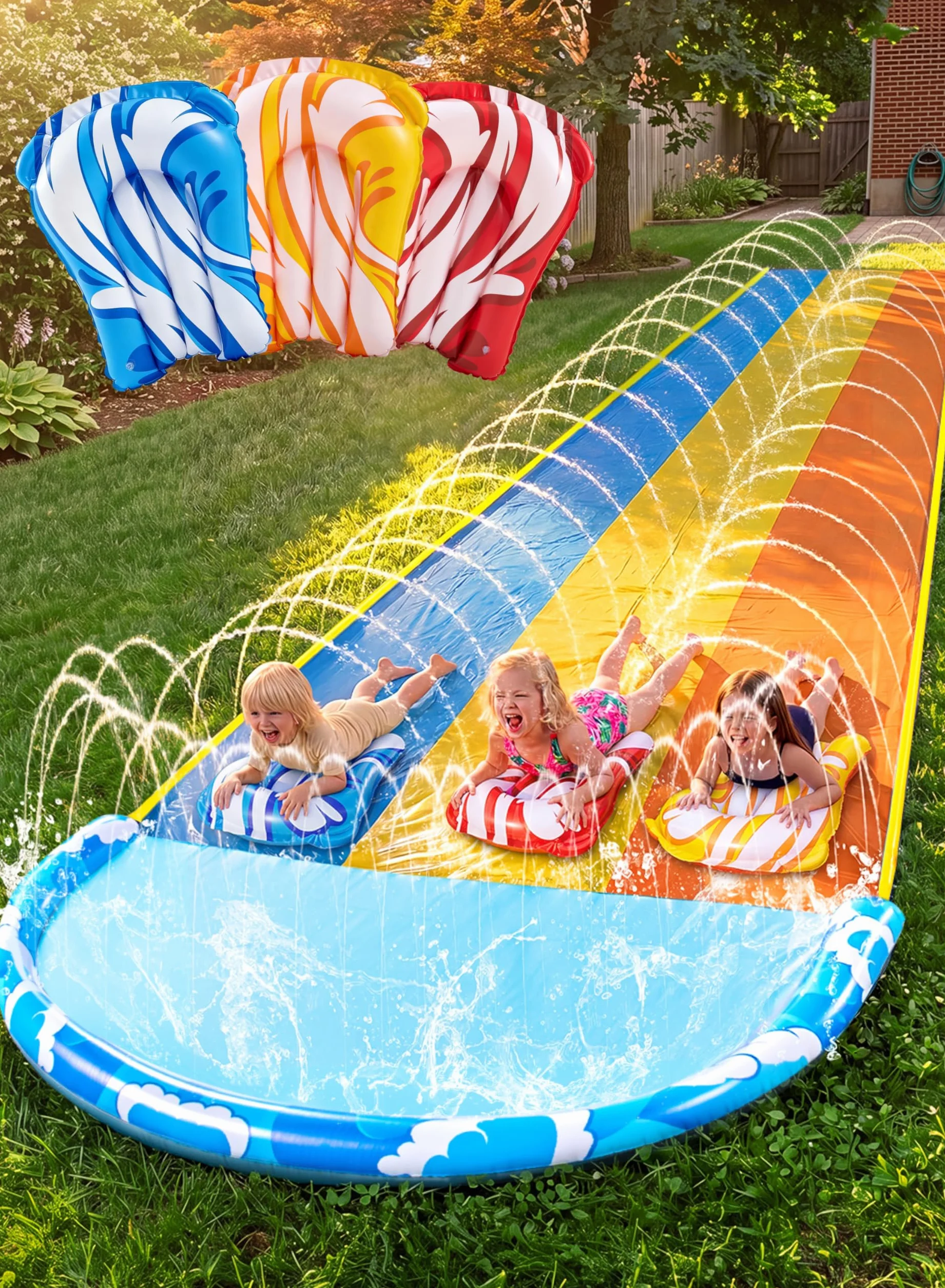 Sloosh Scivolo d'Acqua Triplo con Onde 22,5ft x 84in, Scivolo da Giardino con 3 Bodyboard e Irrigatore, Gioco d'Acqua Estivo per Bambini e Adulti