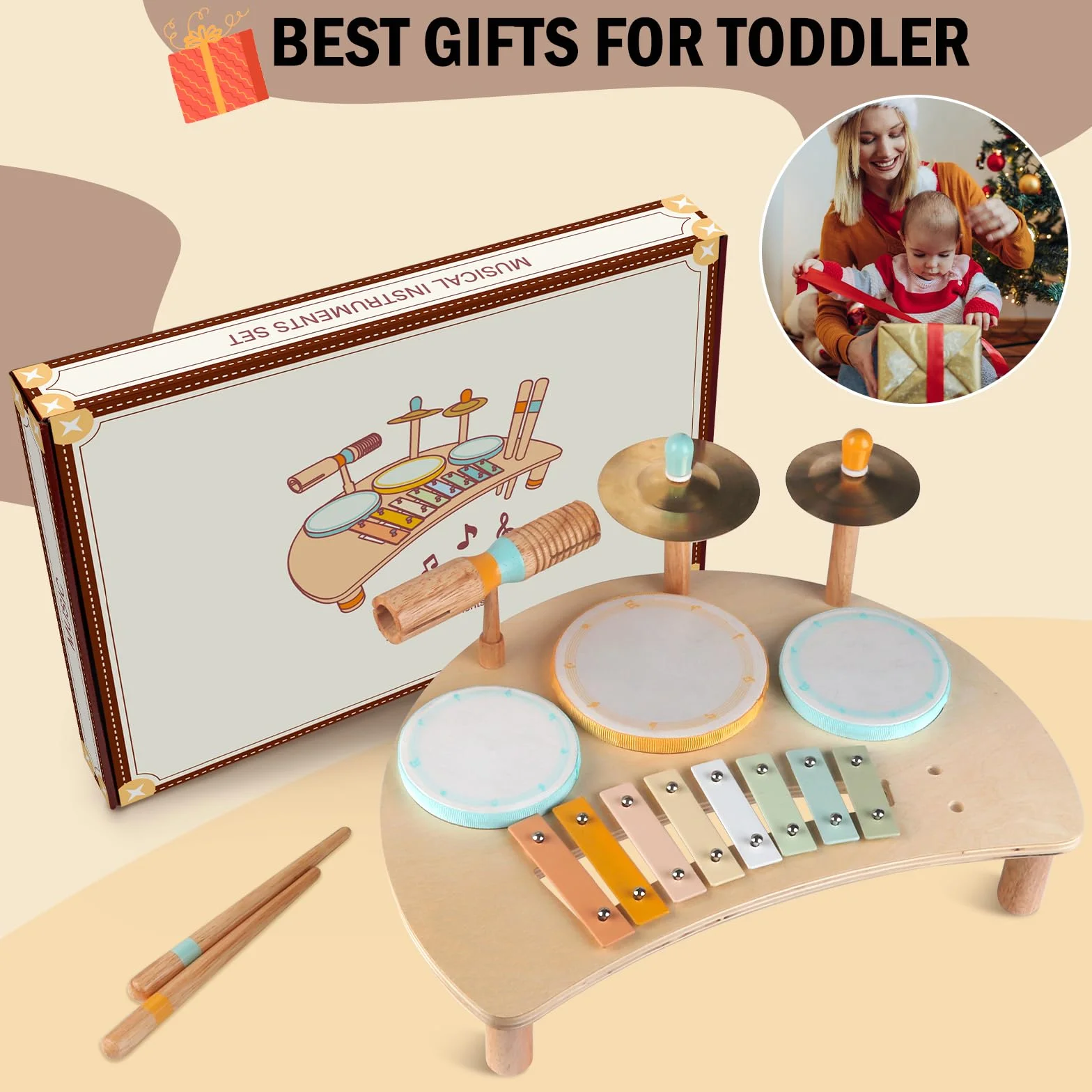 Set di Tamburi e Xilofono per Bambini da 1,5 a 3 anni, Strumenti Musicali, Maschi e Femmine - Regali per età 1,5, 2, 3+ (Neutro)