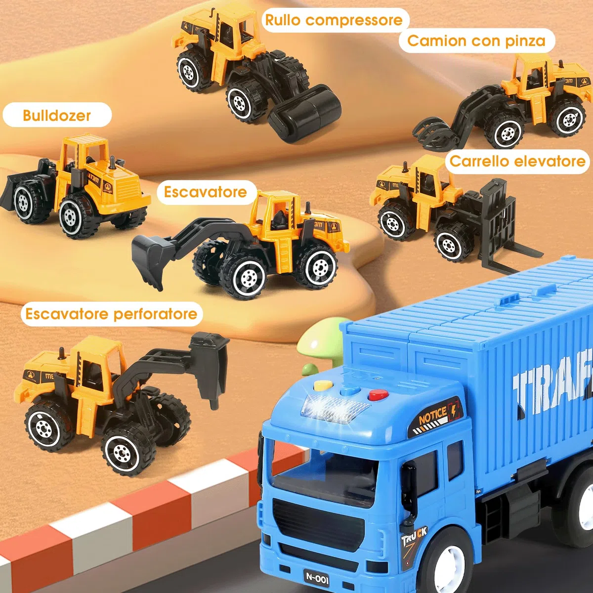 MOONTOY Cantiere Giocattolo per Bambini Camion Pista Macchinine Gru Bisarca con Escavatore Bulldozer Betoniera Rullo Compressore Regalo 3 4 5 6 Anni