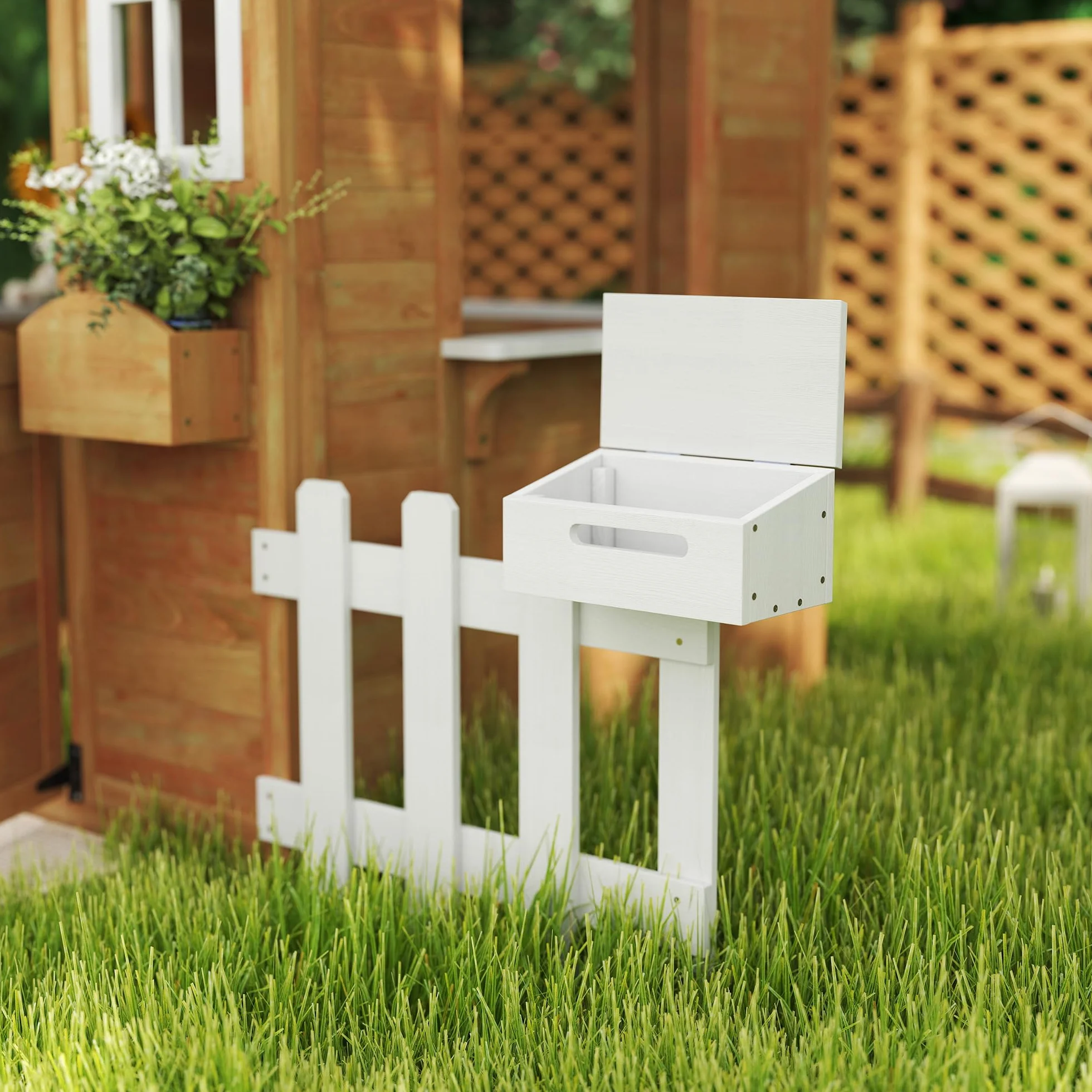 Outsunny Casetta Bambini Legno Giardino con Finestre Staccionata Portavasi Panca 205x119x140 cm