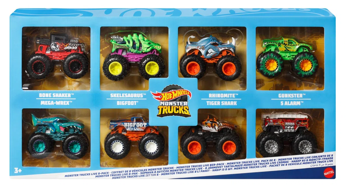 Hot Wheels Monster Trucks, Set 8 die-cast 1:64 Hero JCW76, giocattolo 3+ anni