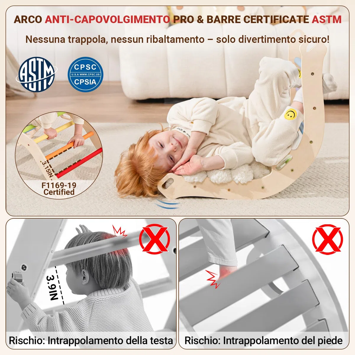 COSYLAND Set Arrampicata 8 in 1 Bambini Triangolo Pikler Arco Montessori Scivolo Pieghevole Interno 18M-3A Arcobaleno Classico