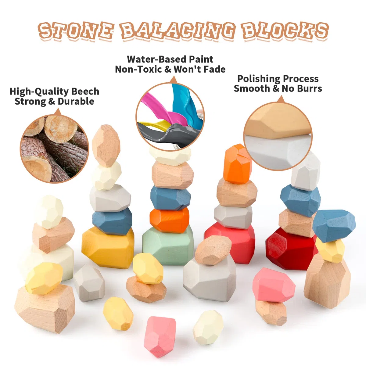 Jacootoys 36 pezzi Impilabile Pietra Blocchi costruzione di legno Giocattoli per bambini 3 anni