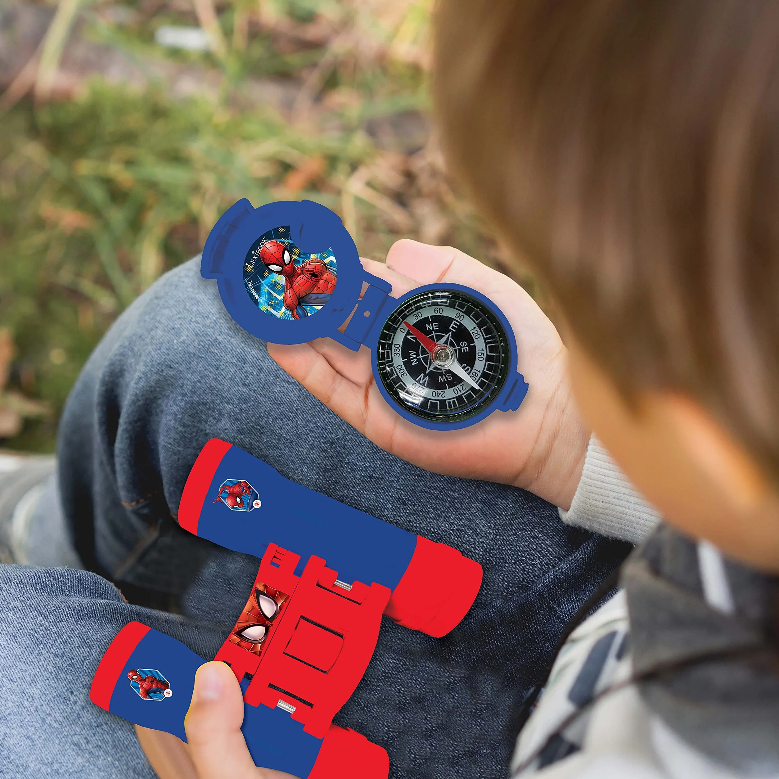 Lexibook, Spider-Man, Set avventuriero per Bambini, Walkie-Talkie 120m, Binocolo, Bussola, Torcia, Blu/Rosso, RPTW12SP