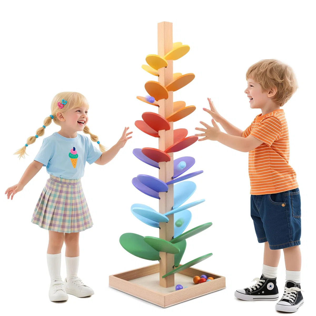Pista a sfera in legno, 72 cm, albero sonoro arcobaleno, giocattolo educativo per bambini con 10 palline arcobaleno, 8 livelli colorati, giocattolo creativo in legno per bambini 3-7 anni