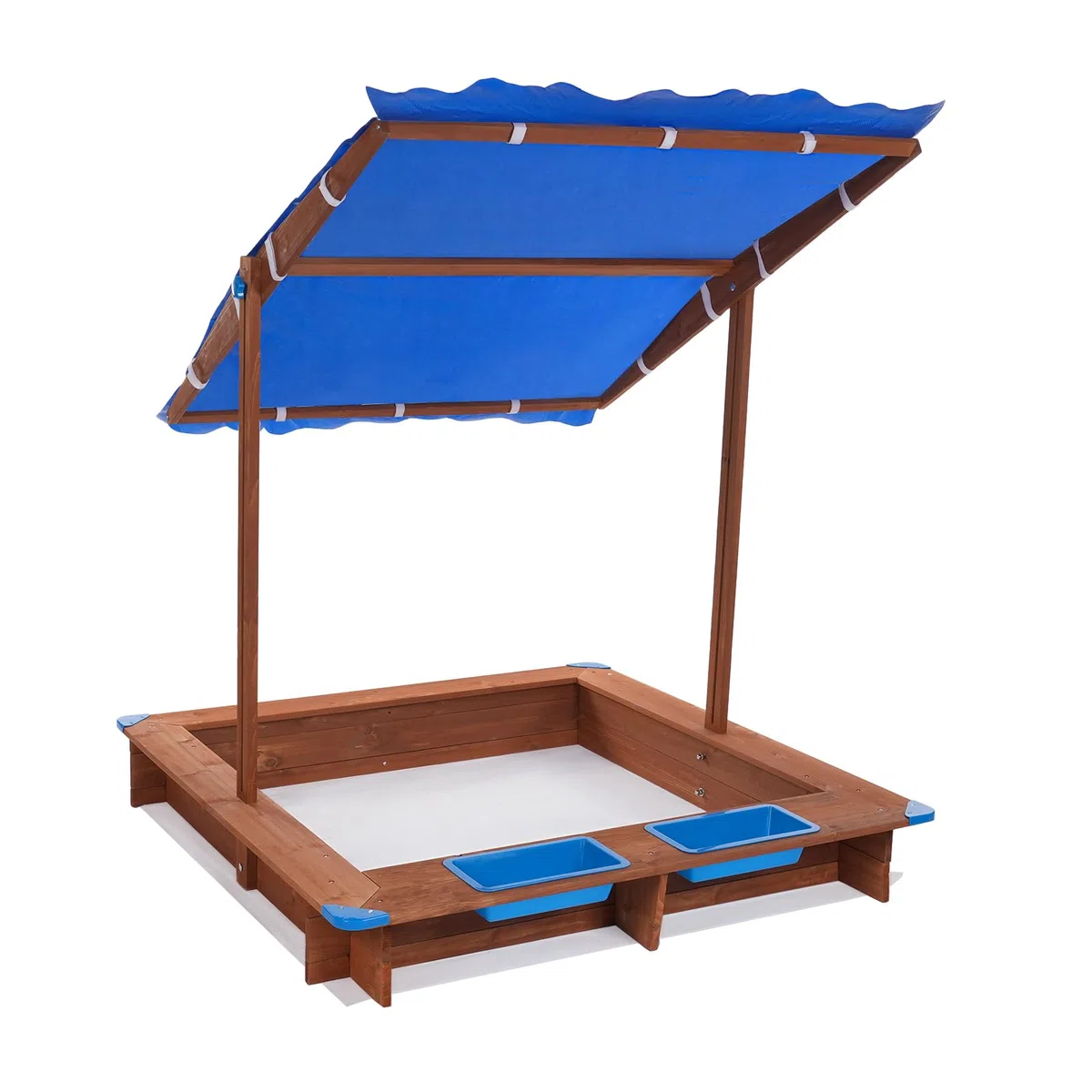 Sabbiera in legno per bambini con copertura del tetto, 126 x 121 x 118 cm, sabbiera in legno blu e marrone, con tappetino per sabbia per giardino, esterno per bambini dai 3 anni ai 14 anni