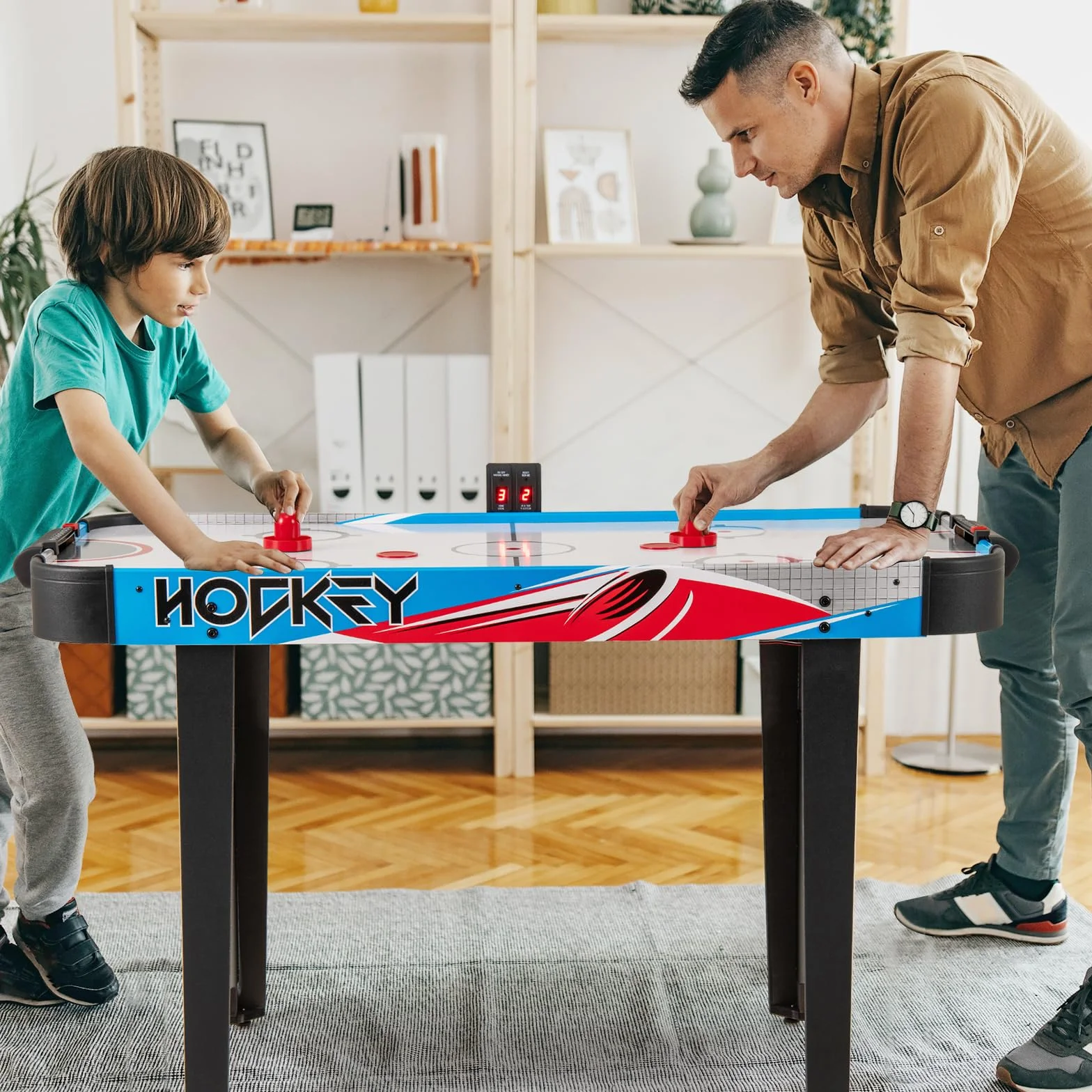 HOMASIS Tavolo da Air Hockey in Legno con Display LED e Motore 12V, 2 Dischi e 2 Pattini