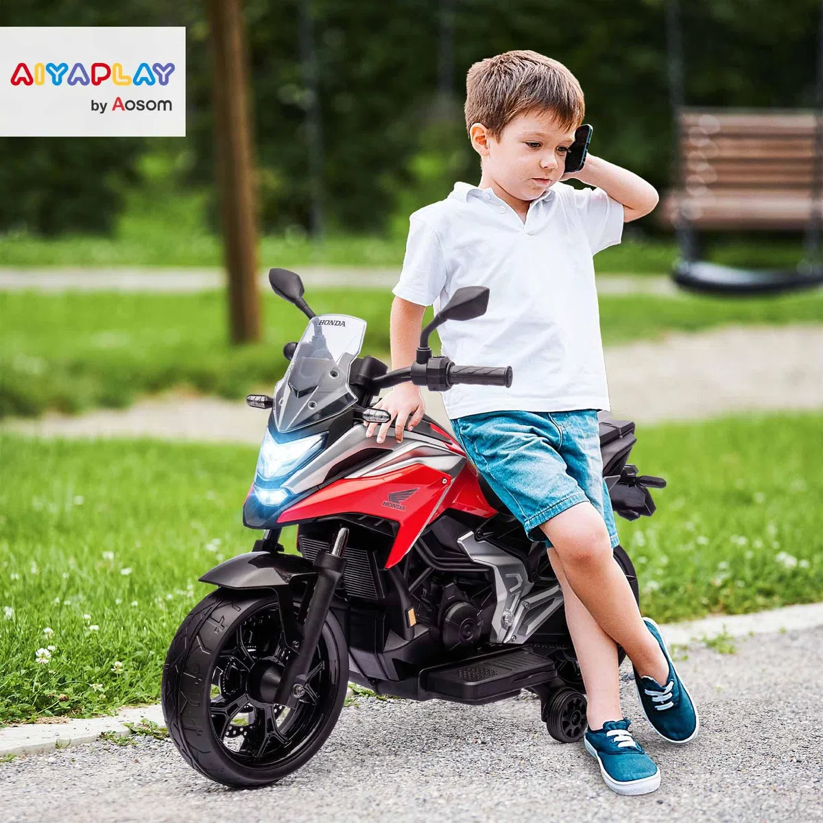 AIYAPLAY Moto Elettrica per Bambini 3-6 Anni Licenza Honda con Fari, Musica e Rotelle, 107x46x75 cm Rosso