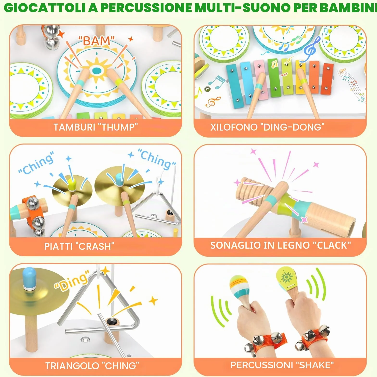 Batteria 12‑in‑1 Bambini 1‑3 Anni, Tavolo Strumenti Musicali Bambino, Giocattoli Legno Montessori con Xilofono, Bonghi, Piatto, Maracas & Campanelli da Polso, Regalo Bambino Bambina Bambina 1 2 3 Anni