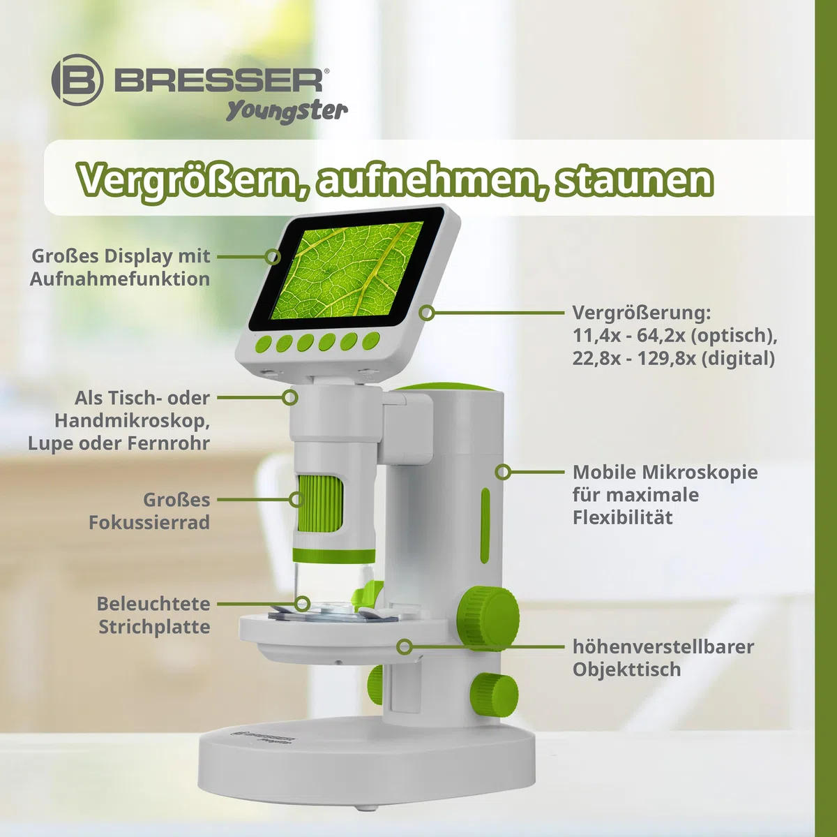 Bresser Youngster Microscopio digitale LCD per bambini, display da 3,5", ingrandimento 11,4x-129,8x, foto 4K, video Full HD, microscopio portatile e da tavolo, batteria
