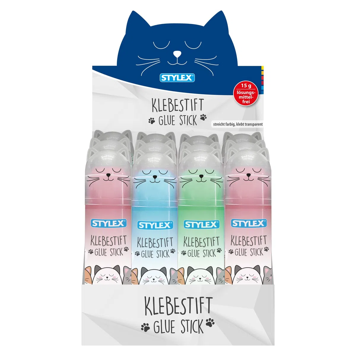 Stylex 23369-P12 - Stick di colla con disegno di gatto, 12 x 15 g di colla in 3 colori pastello, spalma colorata, incolla trasparente, lavabile e senza solventi