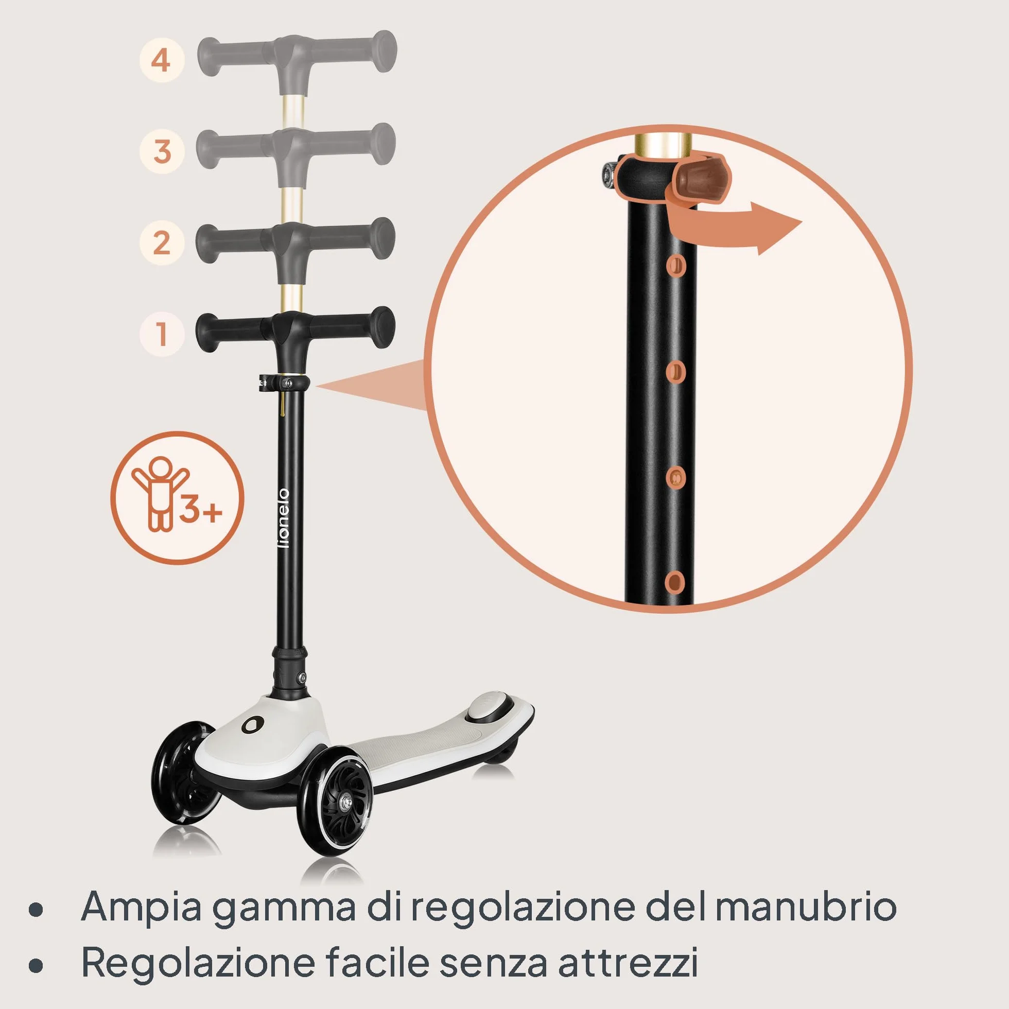 LIONELO Monopattino Bambino a 3 Ruote MEY per bambini da 3 anni fino a 50kg, Monopattino per Bambini con Illuminata e Ruote a LED, Altezza Regolabile, Pedana Antiscivolo, laggero, Cestino