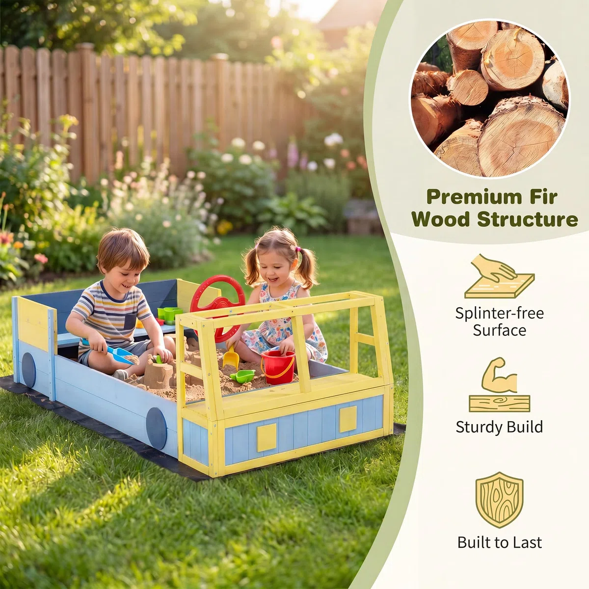 HOMASIS Sabbiera per Bambini a Forma di Camion dei Pompieri, Sabbiera da Esterno con Panca, Contenitore Portaoggetti Nascosto, Rivestimento, Sandbox per bambini 18+ Mesi, 170 x 100 x 48 cm