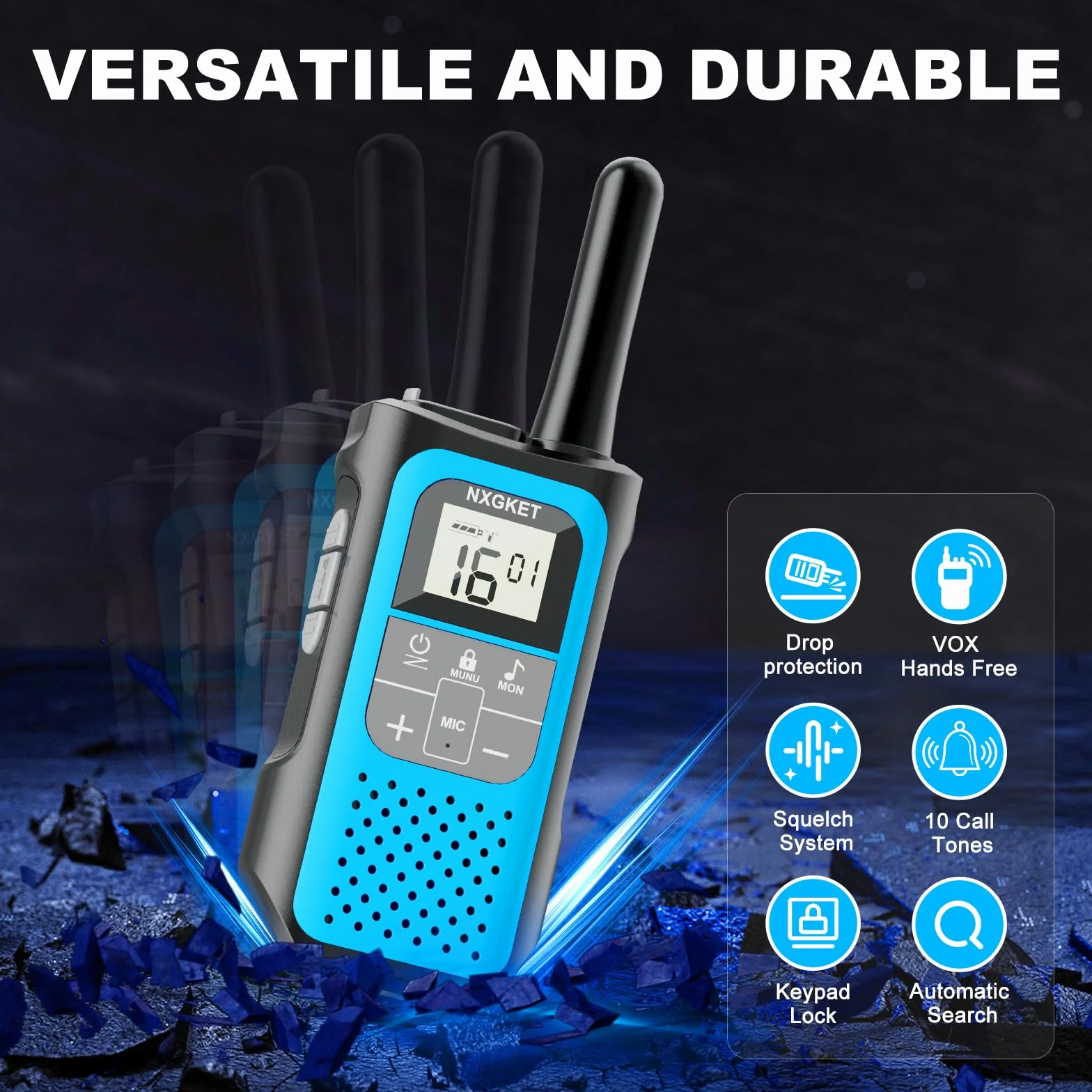 Walkie Talkie per Adulti Bambini, NXGKET Walky Talky Ricaricabile, Lungo Raggio Radio a 16 Canali con Batteria Agli ioni di Litio, Cavo USB-C, VOX per Campeggio e Escursionismo, Set da 2 Pezzi