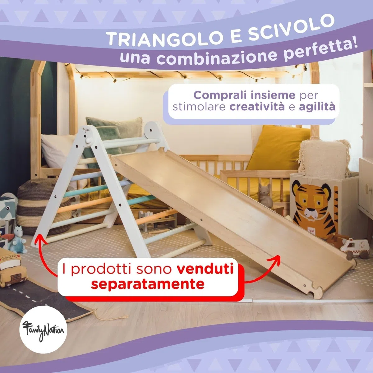 Triangolo Montessori Pikler Sunny Beach per Bambini 1 Anno Struttura in Legno Pieghevole Colori Atossici
