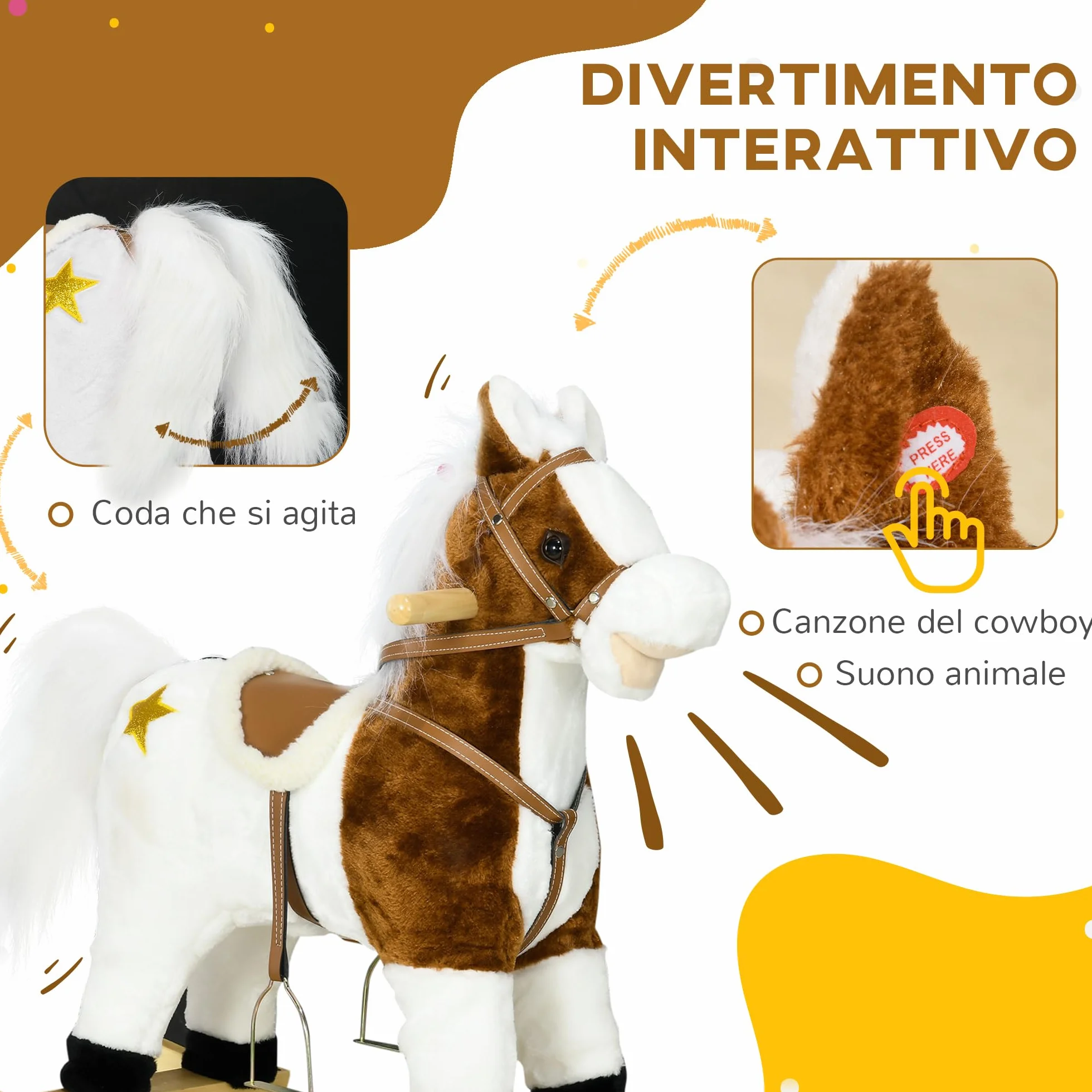 HOMCOM Cavallo a Dondolo per Bambini da 3-6 Anni, Gioco per Bambini Cavalcabile con Suoni in Peluche, 68x26x62cm, Marrone