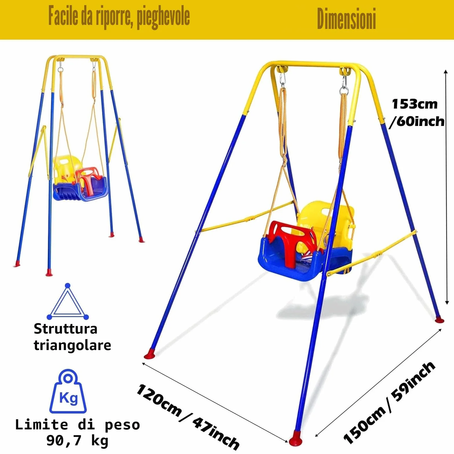 Altalena 3 in 1 per Bambini, Altalena per Esterni e Interni, Resistente con Seggiolino per Bambini, Blu, Metallo e Plastica, Contemporaneo, SWING