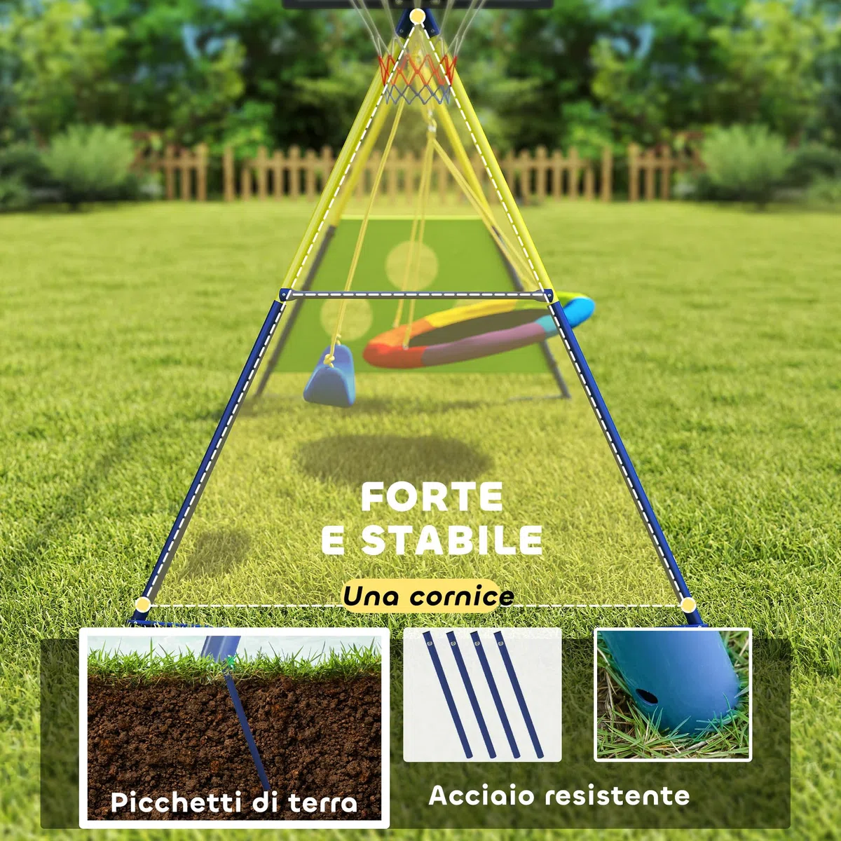 AIYAPLAY Set Altalena da Giardino 4 in 1 per Bambini con 2 Altalene, Canestro da Basket, Porta da Calcio, Supporto ad A in Acciaio, Capacità 150 kg, per Uso Esterno, 3-8 Anni, 288x160x220 cm