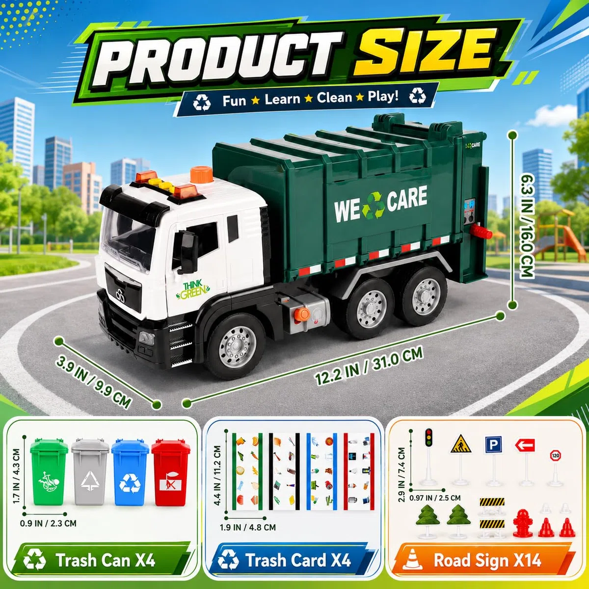 BunnyJOY Camion Spazzatura Giocattolo 3-6 Anni Luci e Suoni Veicolo Raccolta Rifiuti Regalo Verde