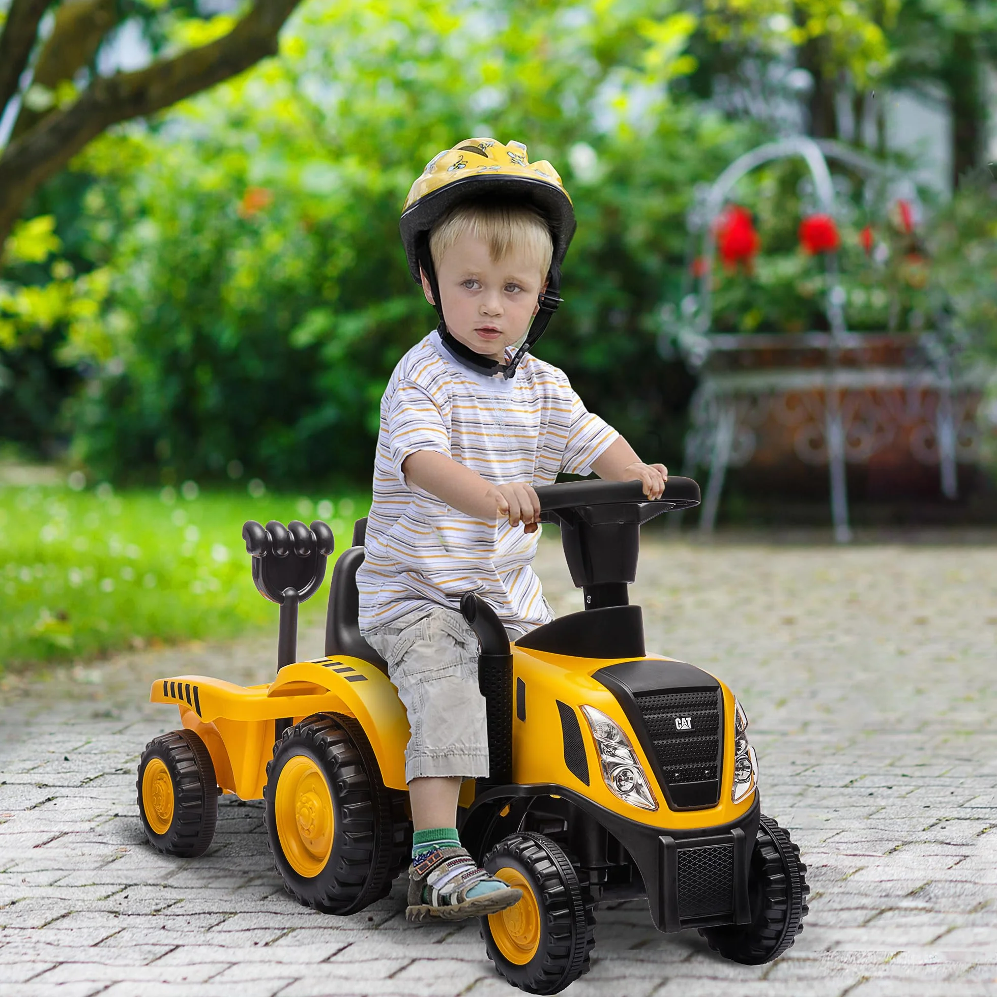 AIYAPLAY Camion Giocattolo per Bambini 12-36 Mesi con Pala e Rimorchio Integrati, Escavatore per Bambini Cavalcabile in PP e Metallo, 91x29x44 cm, Giallo